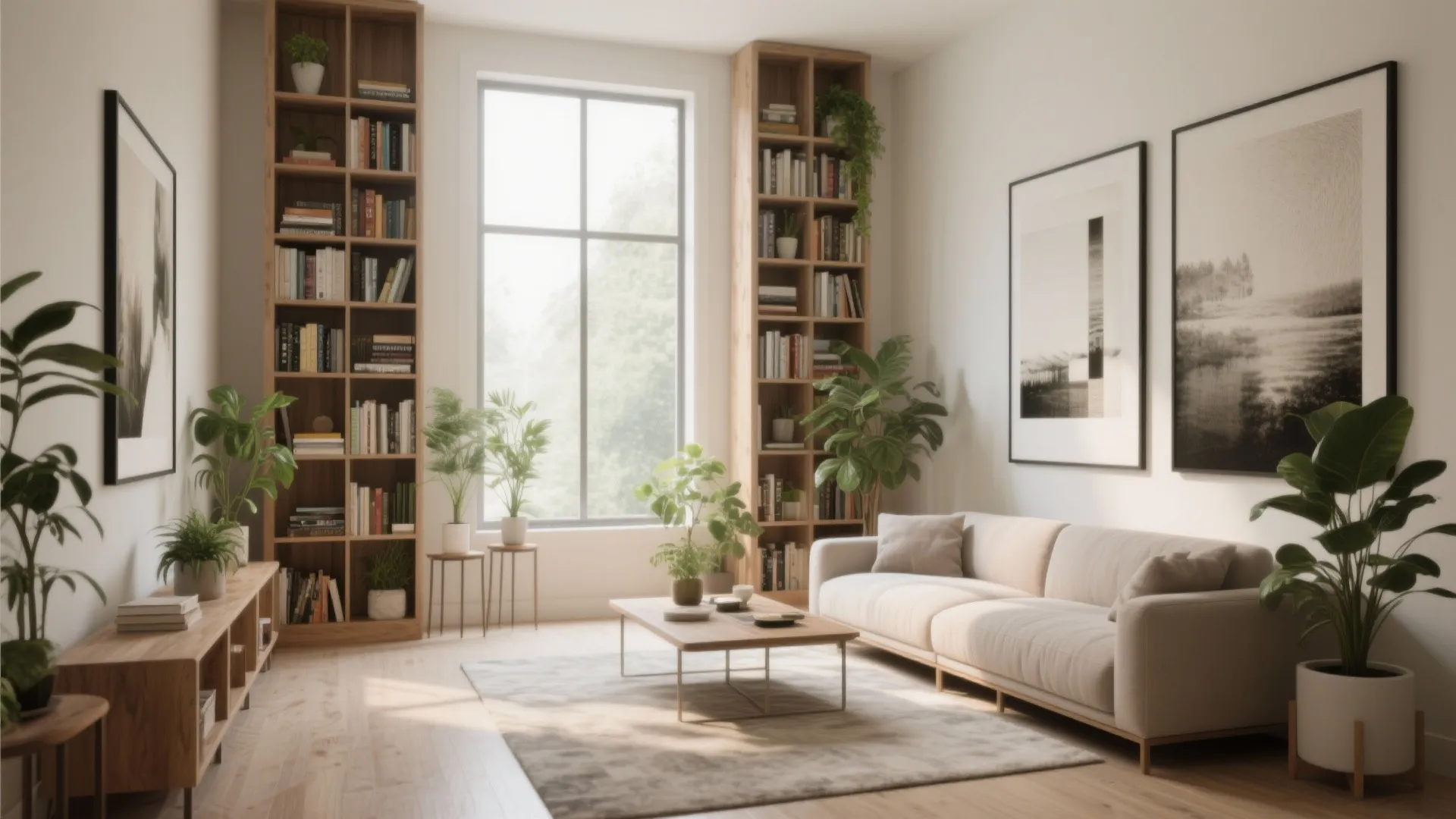 Bright living room with tall wooden bookshelves beside a large window and a cream sofa