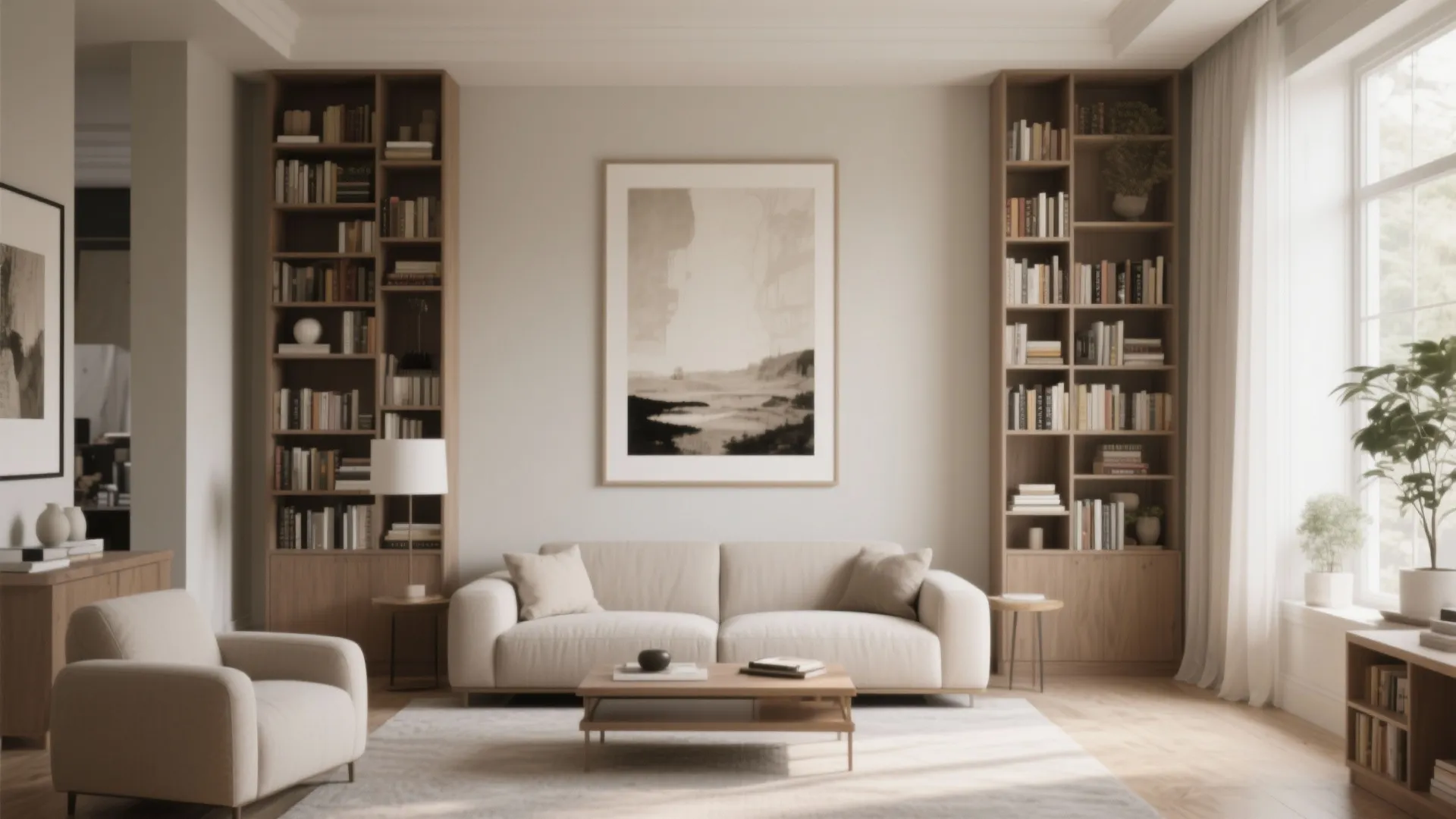 Modern living room with beige sofa wooden coffee table tall bookshelves large wall art and window