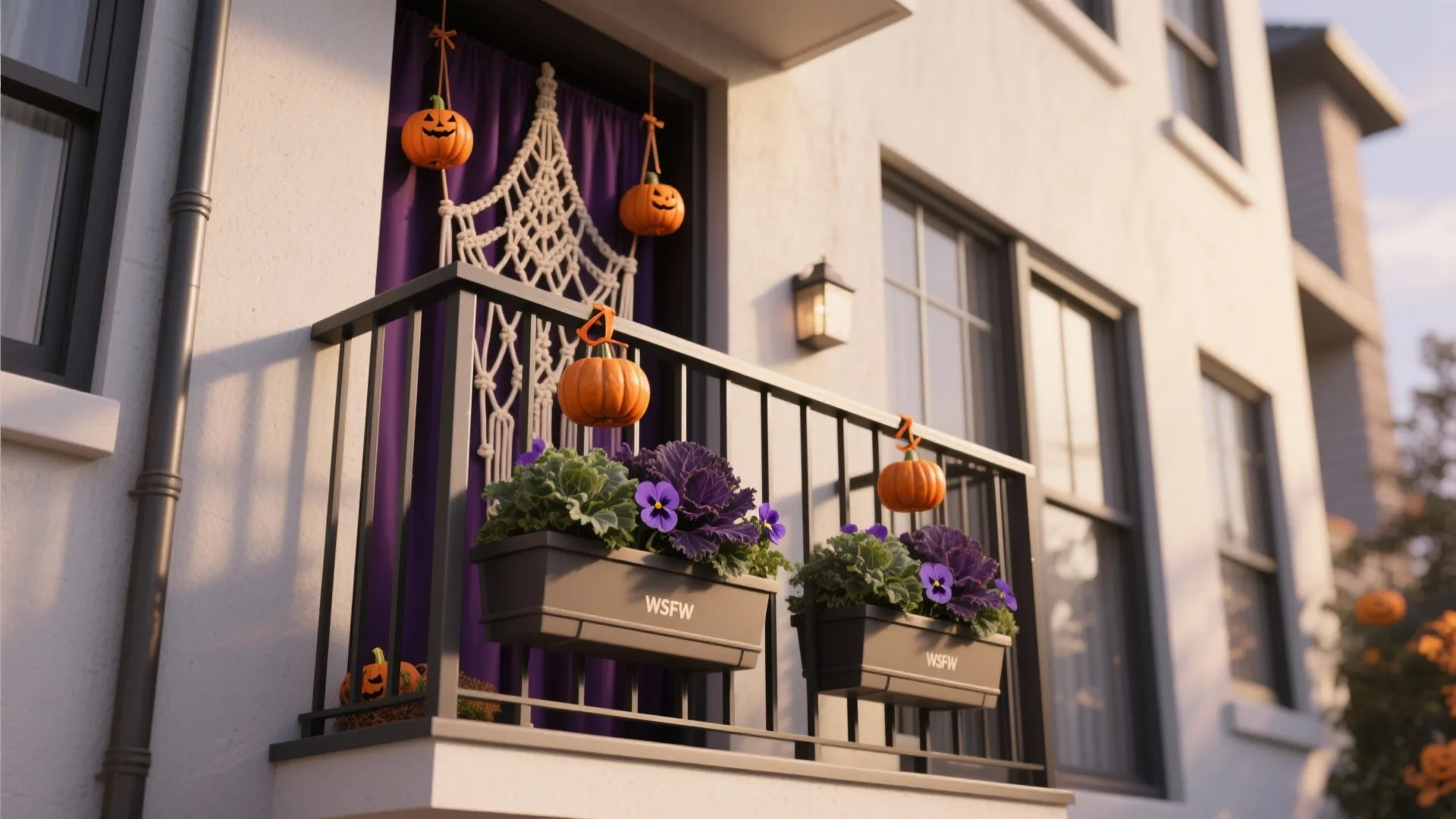 Balcony rail planters with ornamental kale and hanging pumpkins against a macrame backdrop.