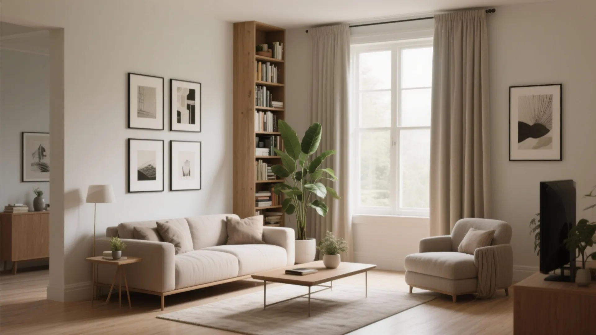 Warm living room featuring beige sofa armchair wooden coffee table tall bookshelf and framed wall art