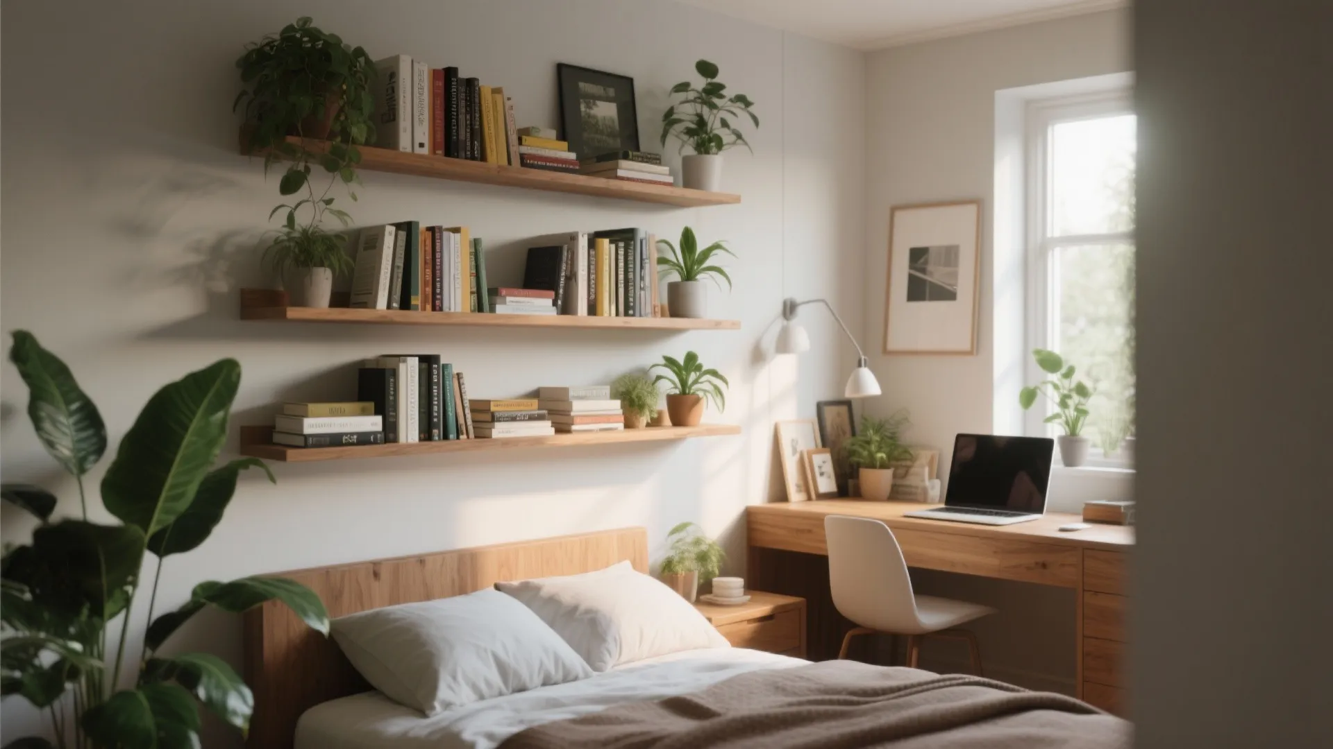 Bedroom corner with wooden wall shelves holding books and plants next to a home desk