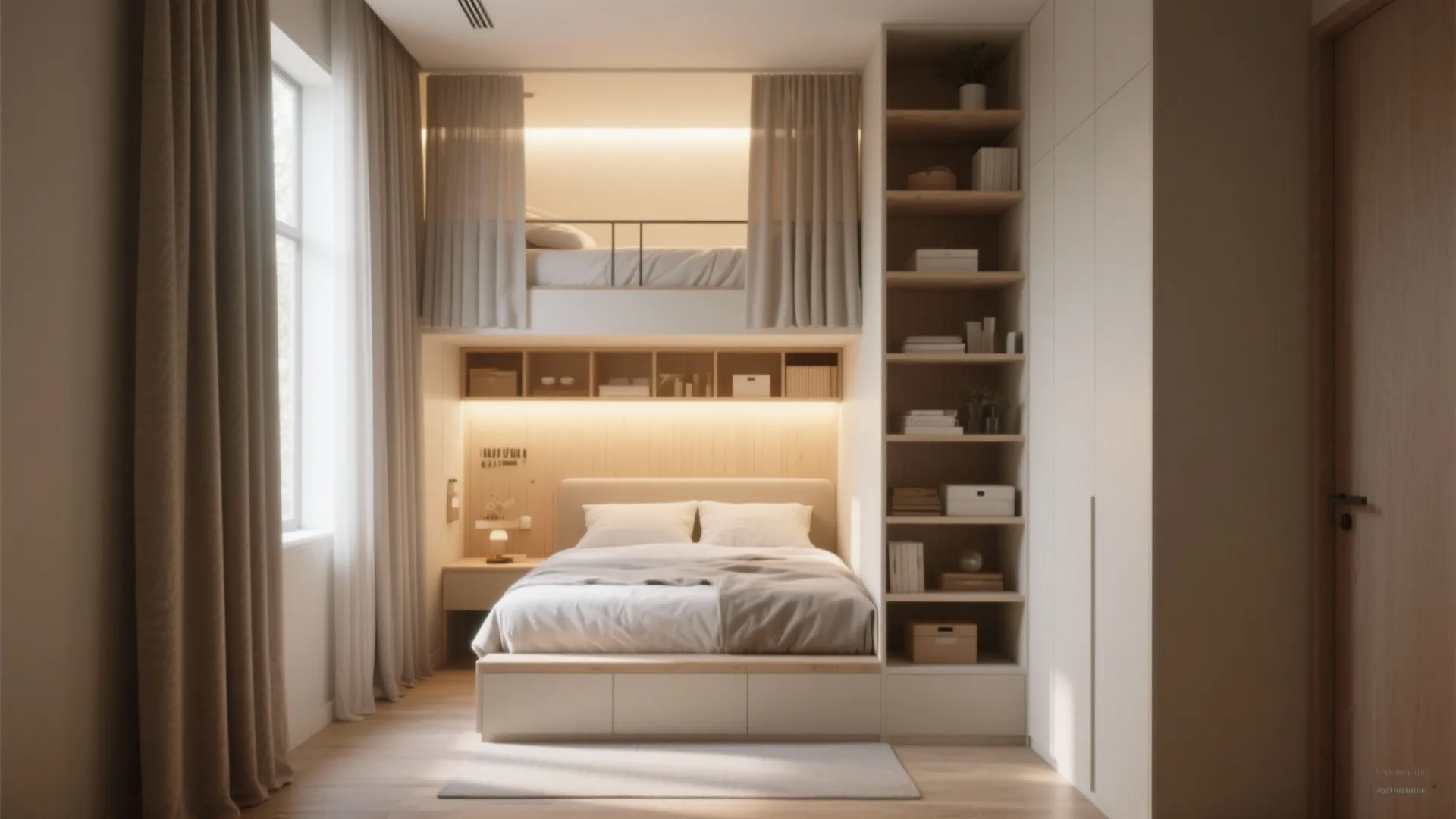 Small bedroom with bunk bed built in shelving unit white wardrobe and floor to ceiling curtain