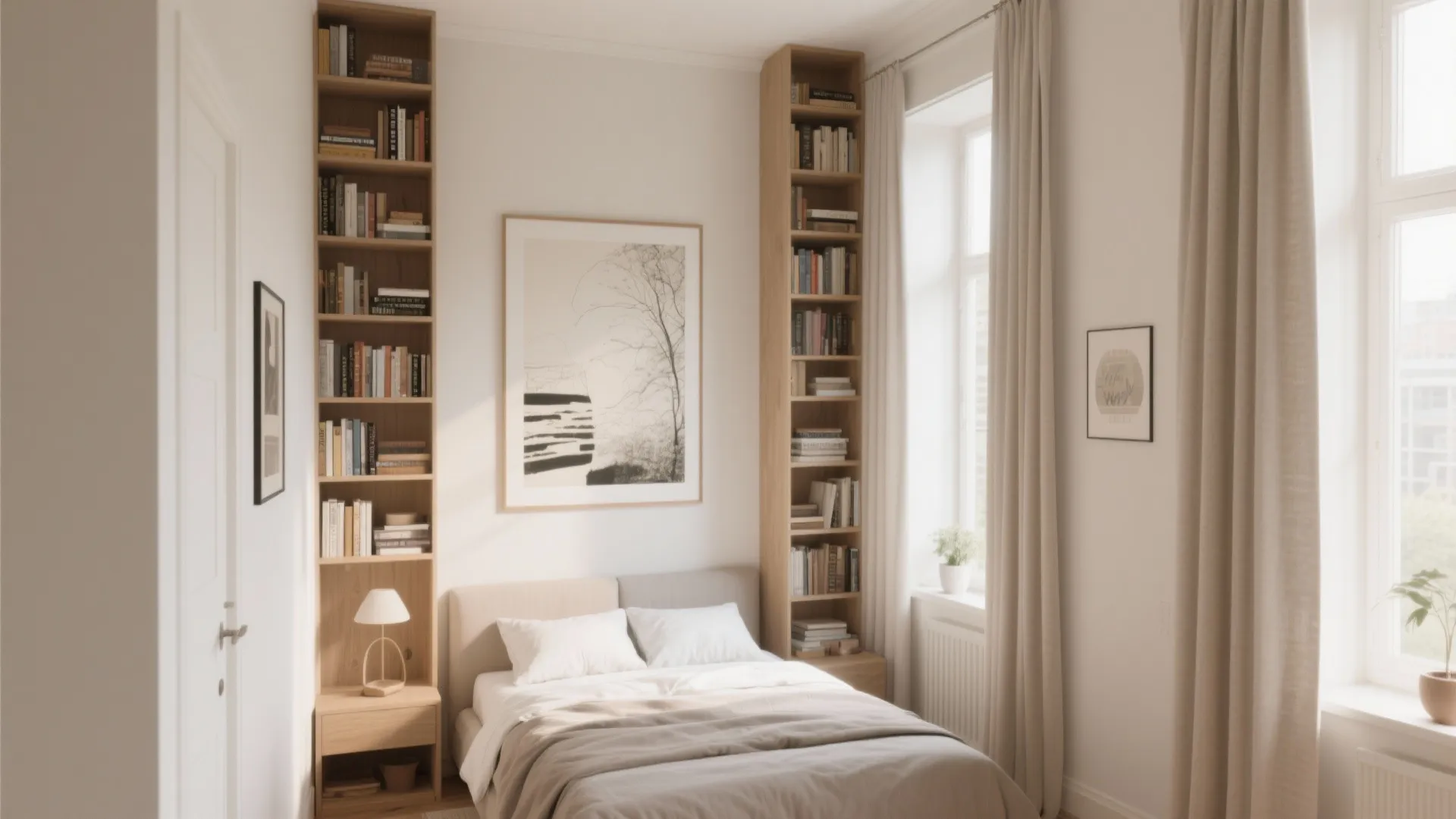 Tall shelves and wall art emphasize the height of a small bedroom