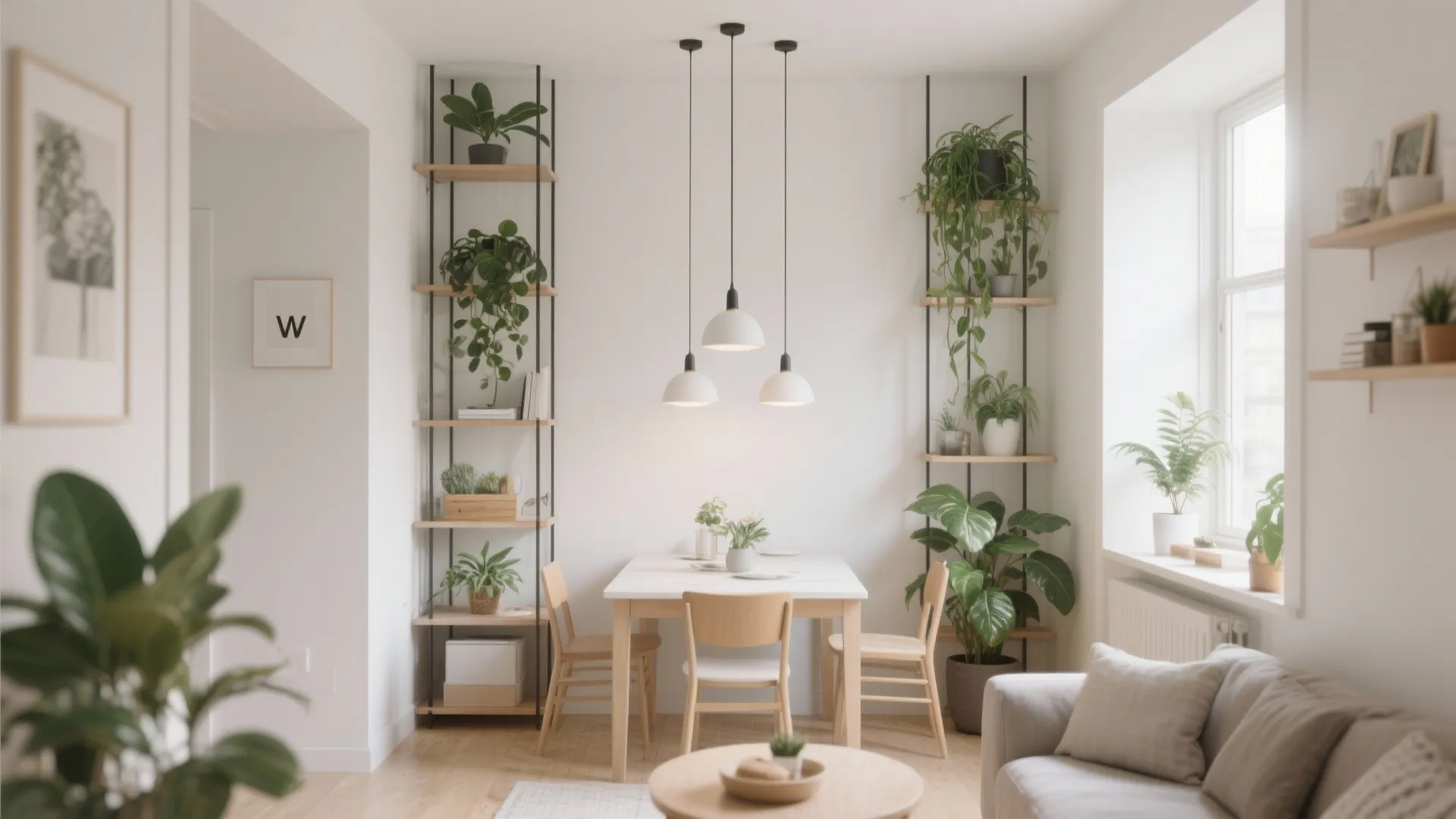 Tall shelving and plants adding vertical focus