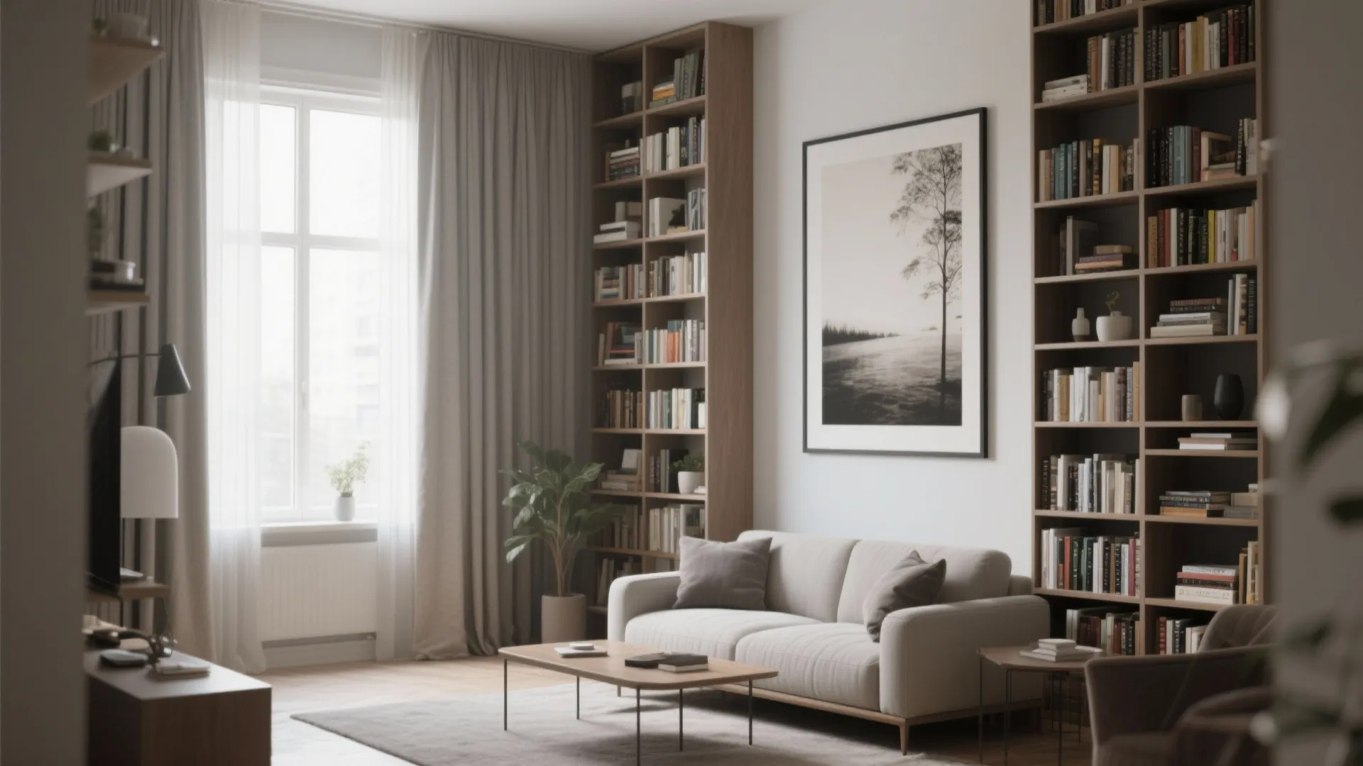 Modern living room with beige sofa wooden coffee table tall bookshelves large window and wall art