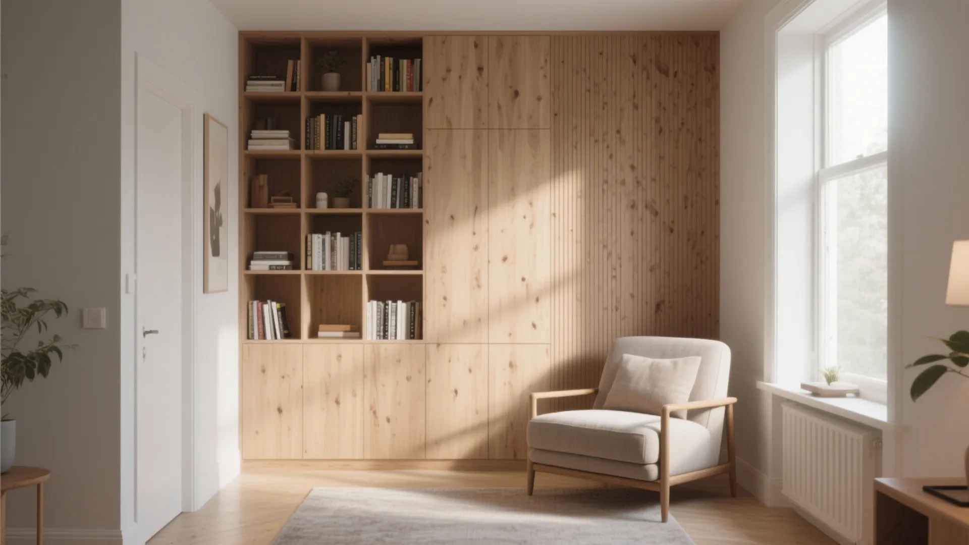 Large wooden wall cabinet with bookshelves next to beige armchair on a light grey rug