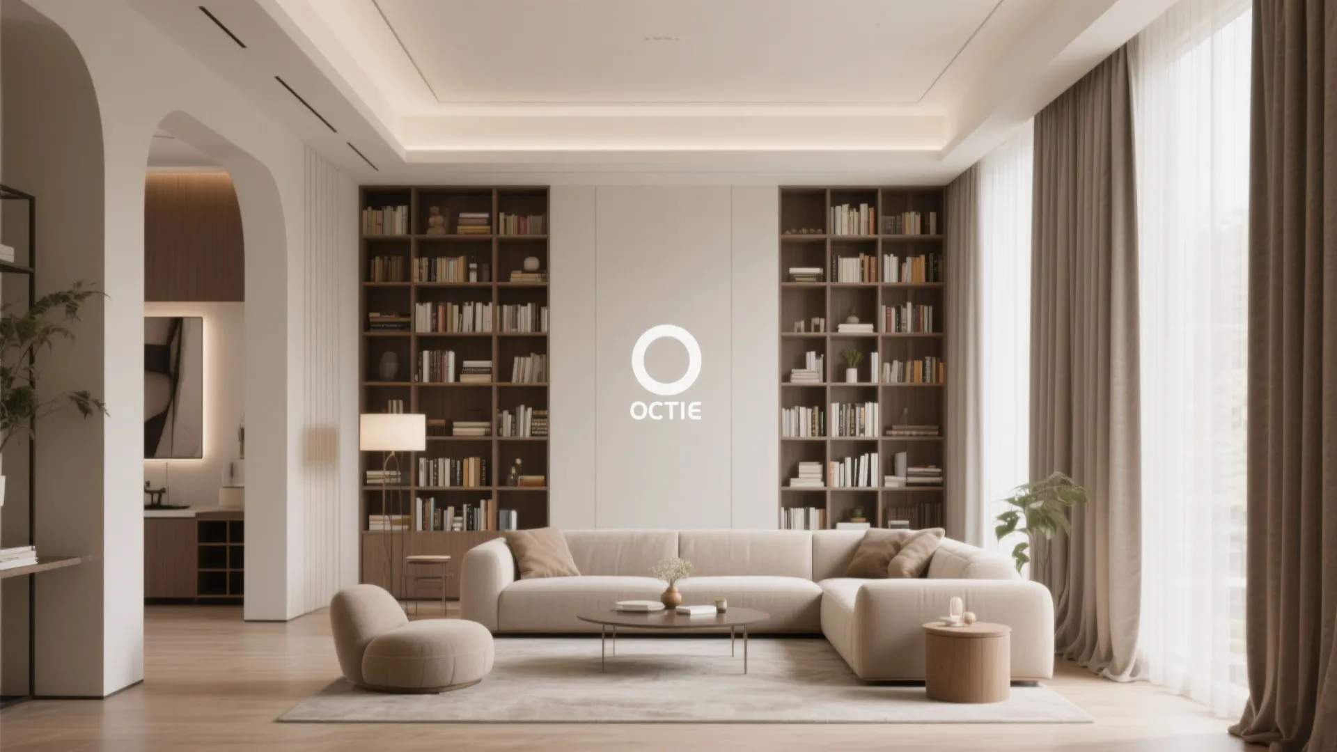 Bright living room with floor to ceiling bookshelves behind a large cream colored corner sofa