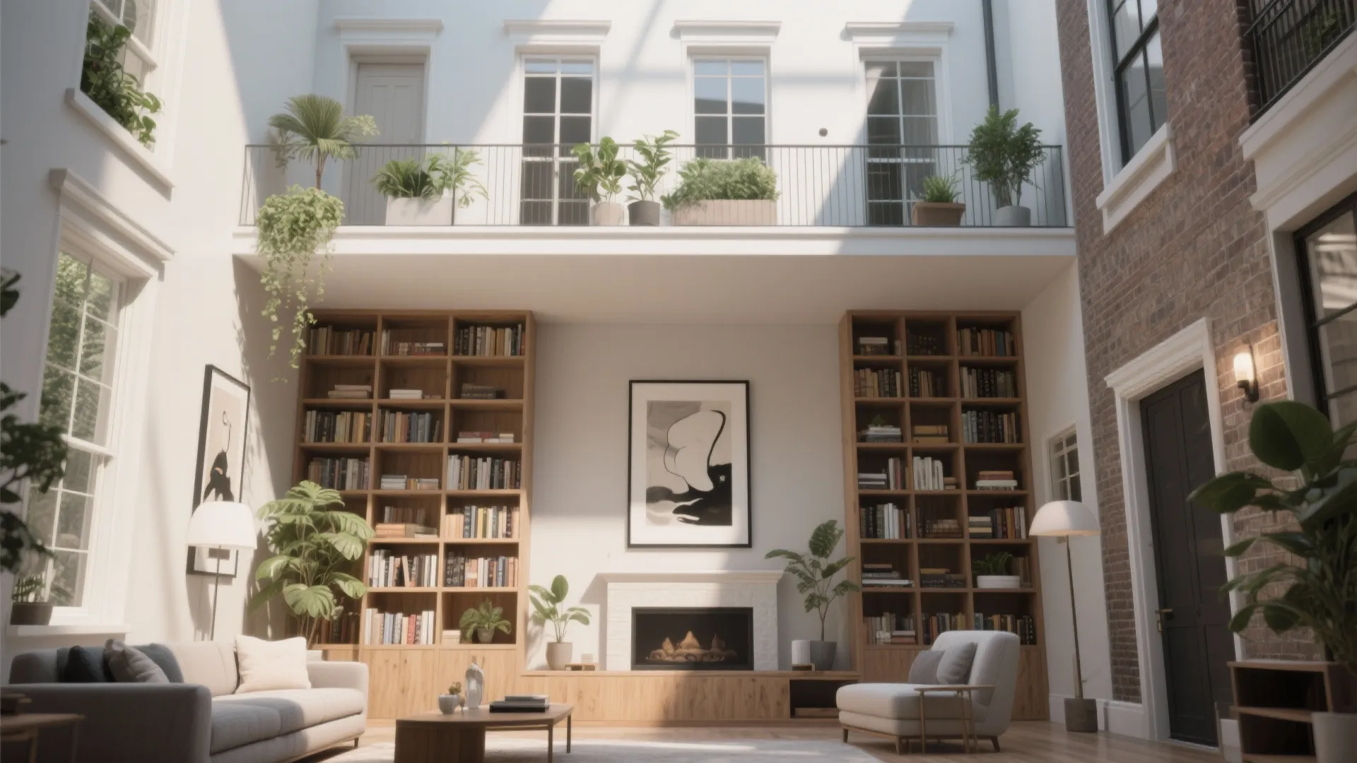 Townhouse living room with tall shelving and high-mounted art
