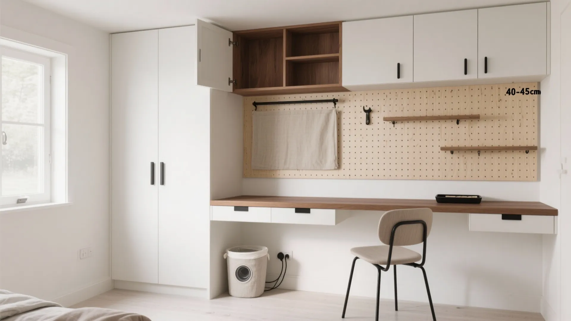 Vertical Storage Wall with a Built-In Desk