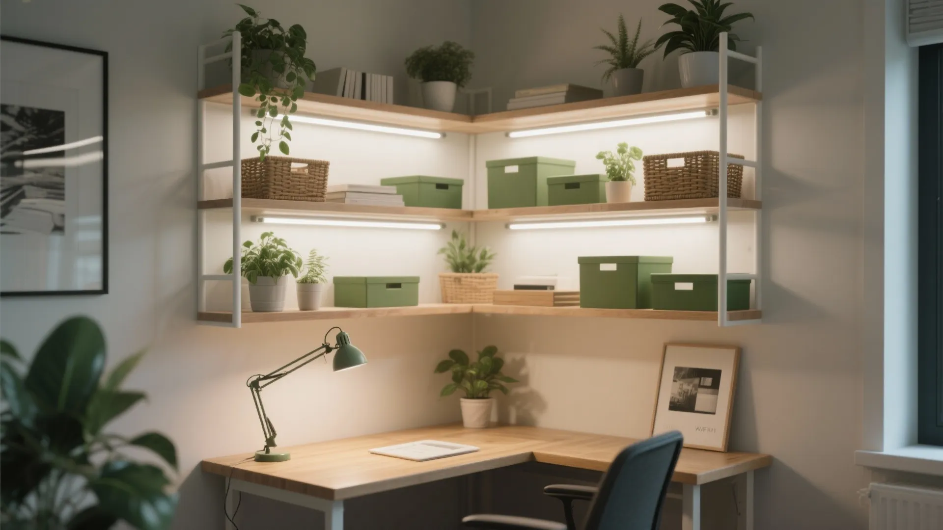 Wooden corner desk with green storage boxes wall shelves light fixtures green plants and chair
