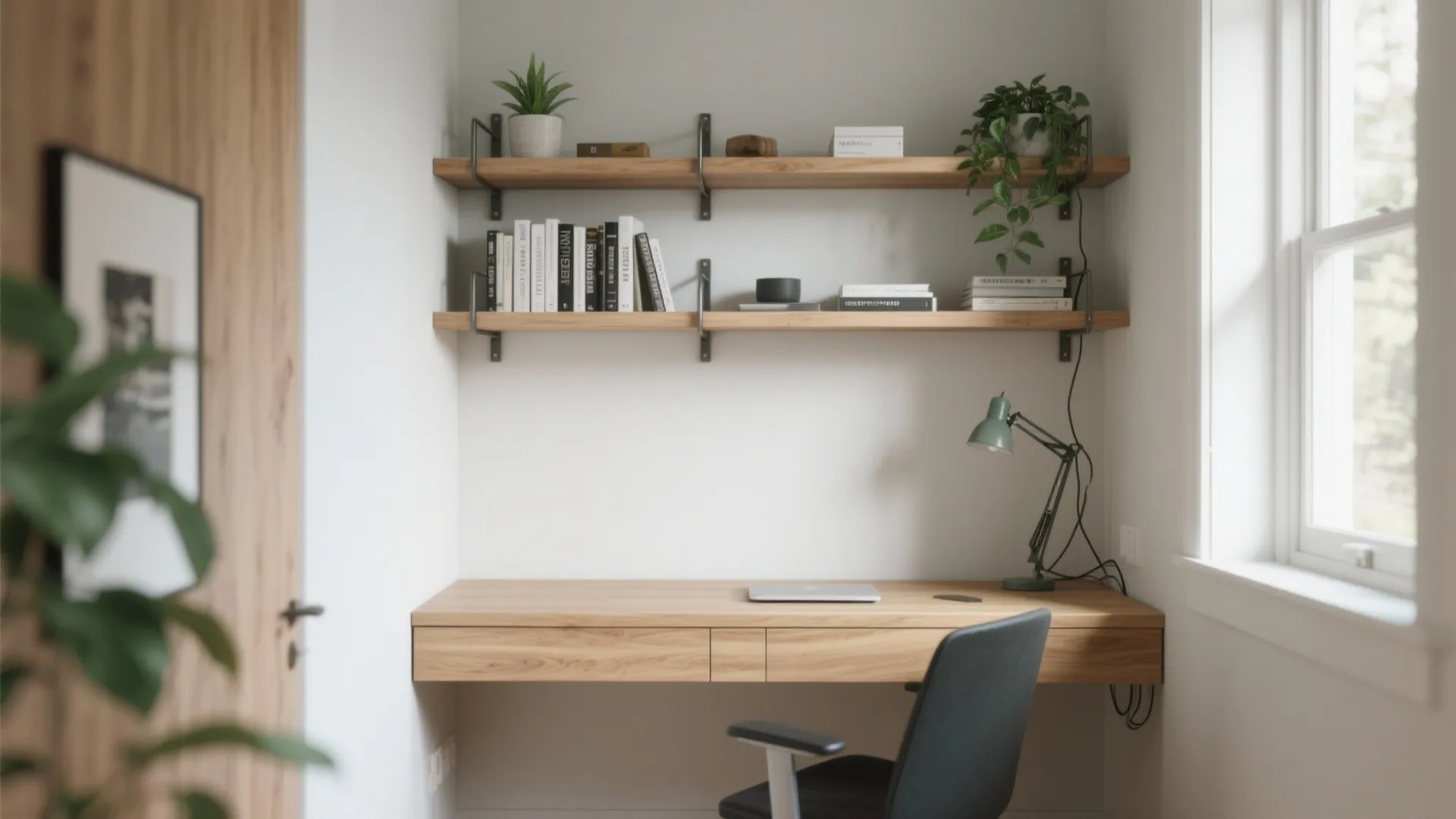 Vertical focus: wall-mounted desk and shelves