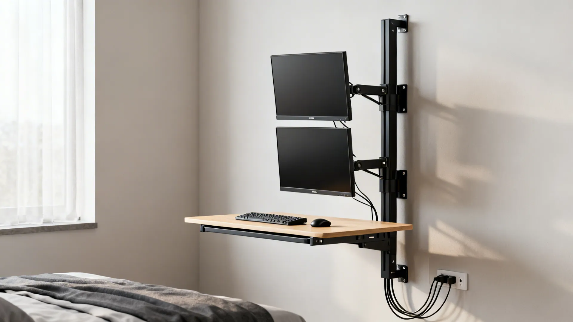 Fold-down wall desk with dual monitors on articulated arms and neat cable channels.