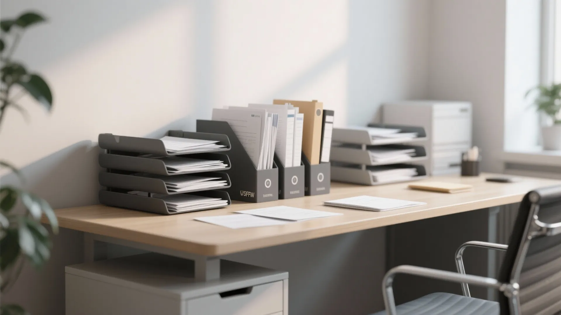 Grey paper trays and vertical folder holders arranged on a light wood desk in office