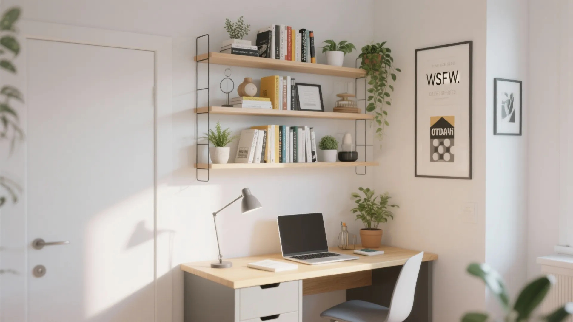 Modern home office area with wooden desk laptop desk lamp wall shelves and indoor green plants