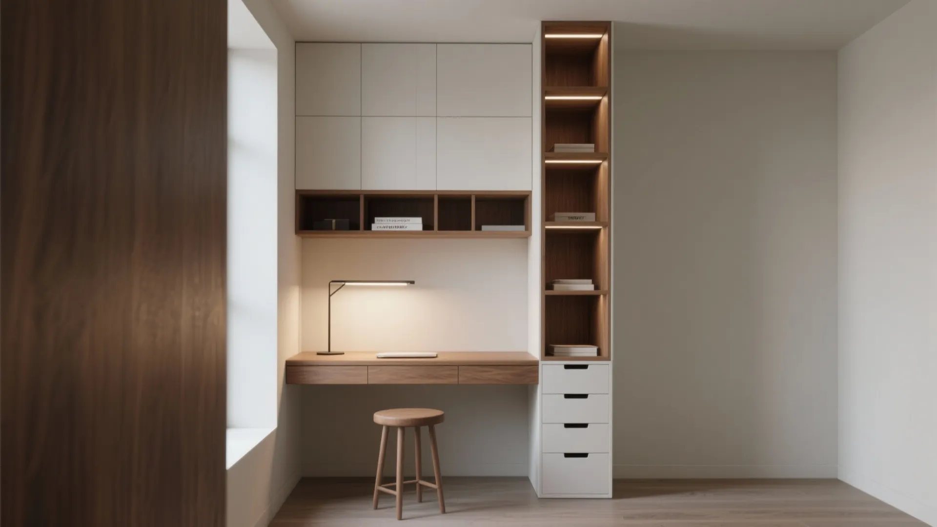 Slim vertical desk tower with stacked cubbies, compact workspace and task lighting.