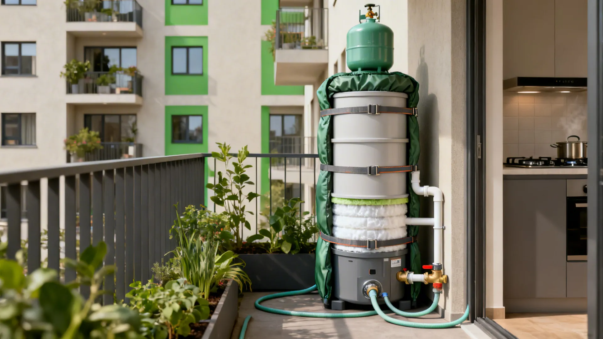 Slim modular vertical biodigester with insulated jacket on a tight balcony and short gas line routing.