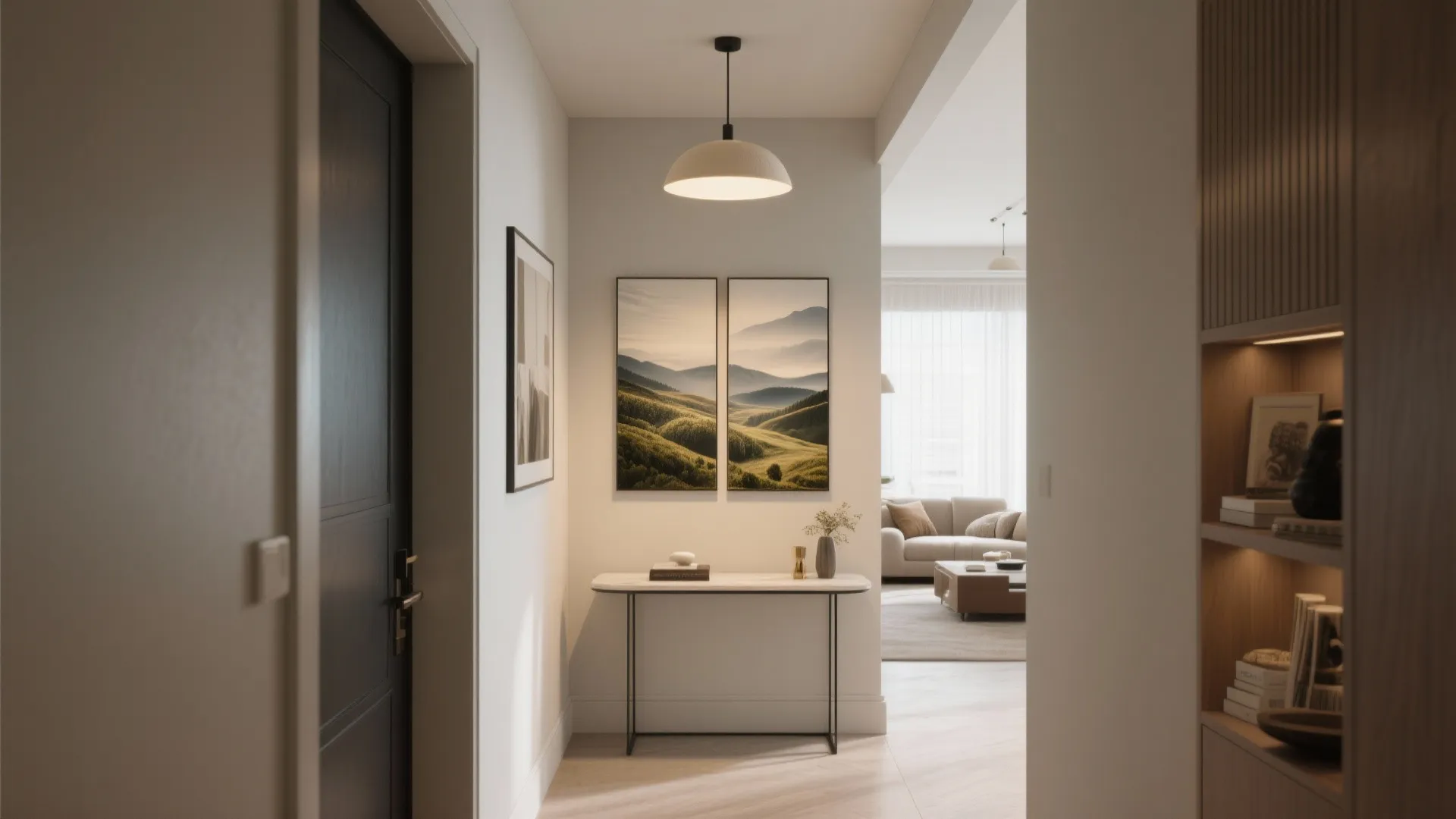 Modern entryway with a small console table below two mountain landscape paintings and ceiling light