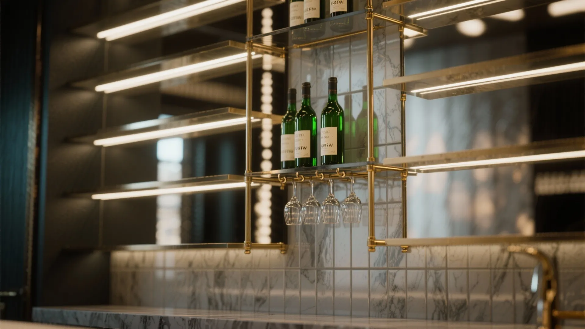 Vertical bar display with floating shelves, mirrored backsplash and layered LED lighting.