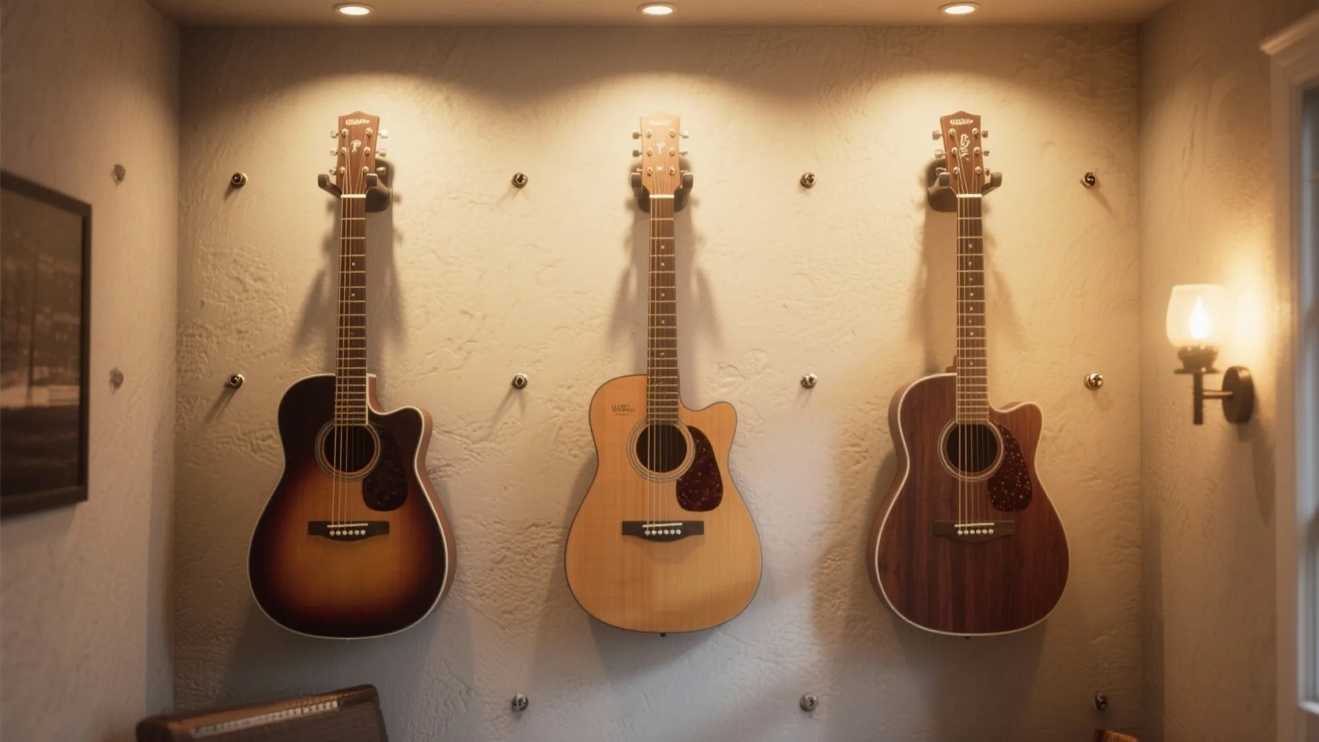 Three acoustic guitars hanging on a white wall with light fixture spots and wall light
