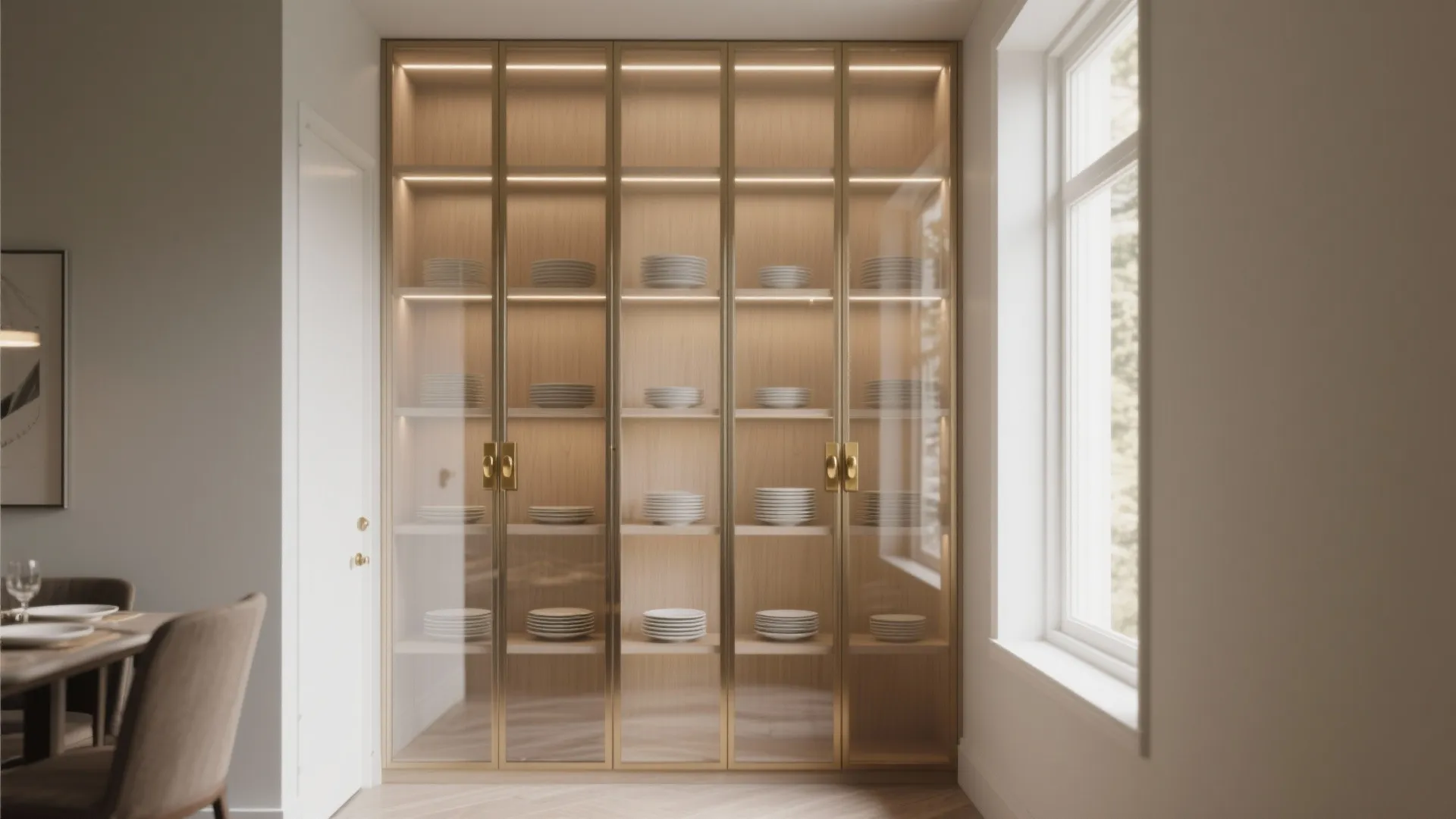 Tall wood display cabinet with glass doors and internal lighting holding many white ceramic plates
