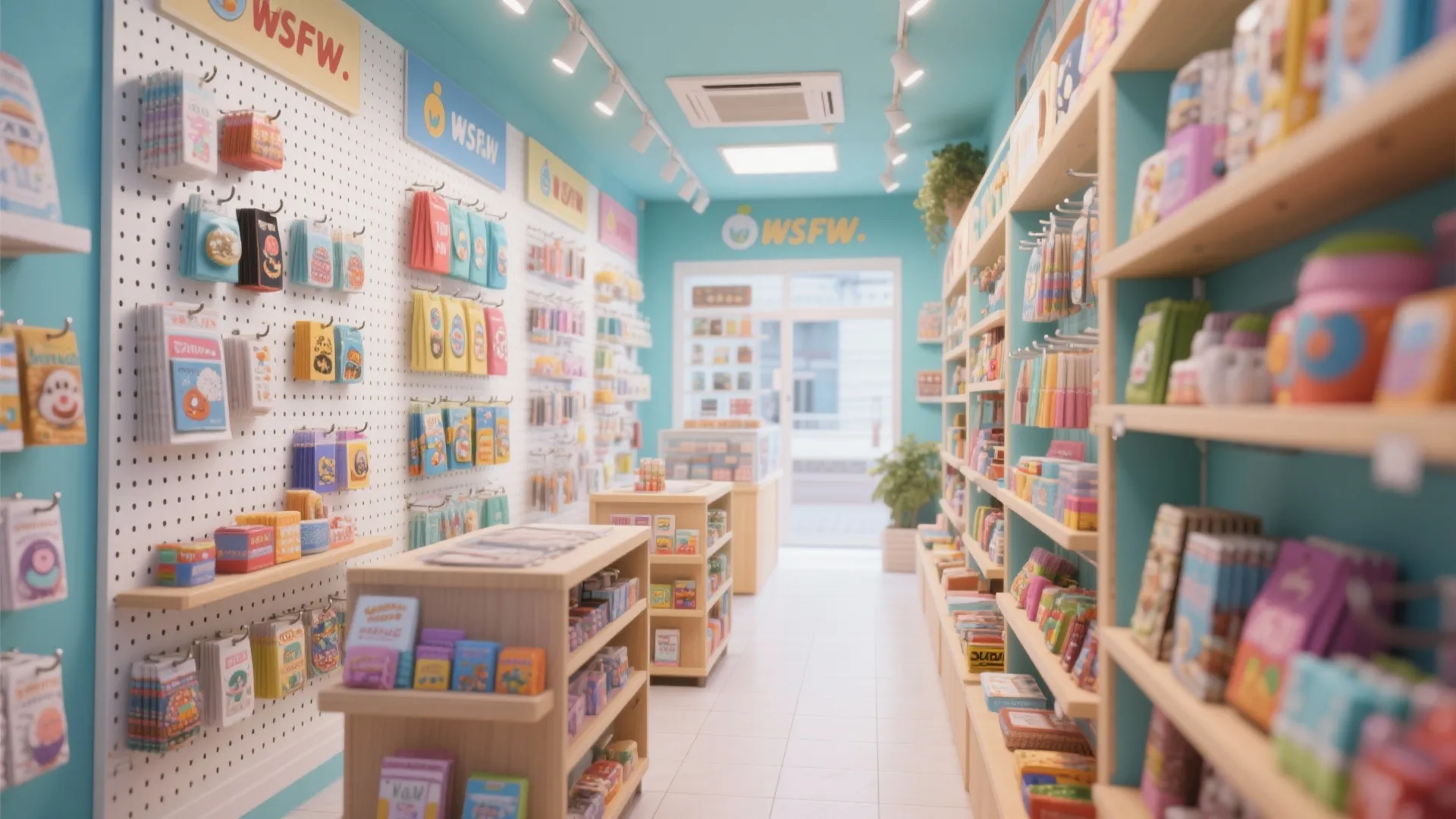 Bright retail store interior with turquoise walls wooden display stands and colorful products on shelves