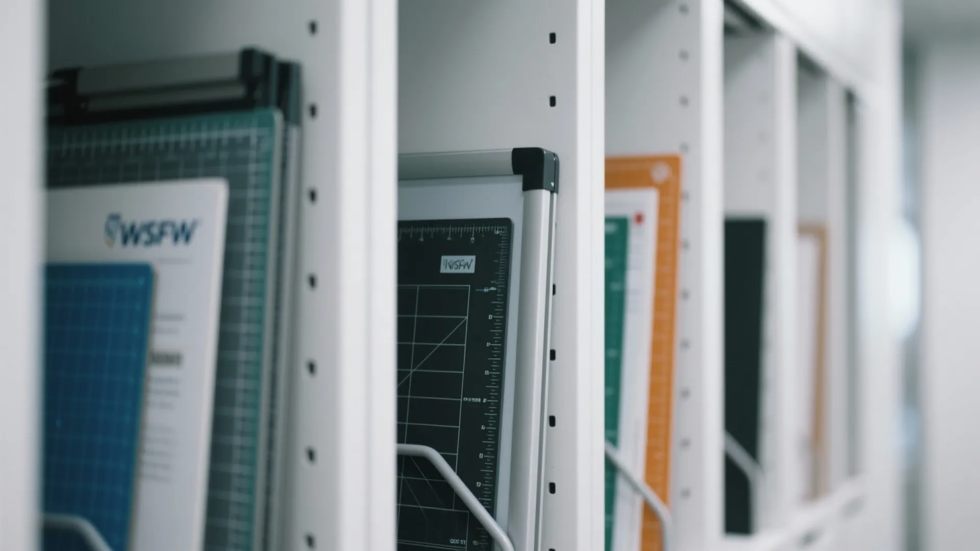 White cabinet with vertical dividers holding different colored cutting mats and boards in tidy order