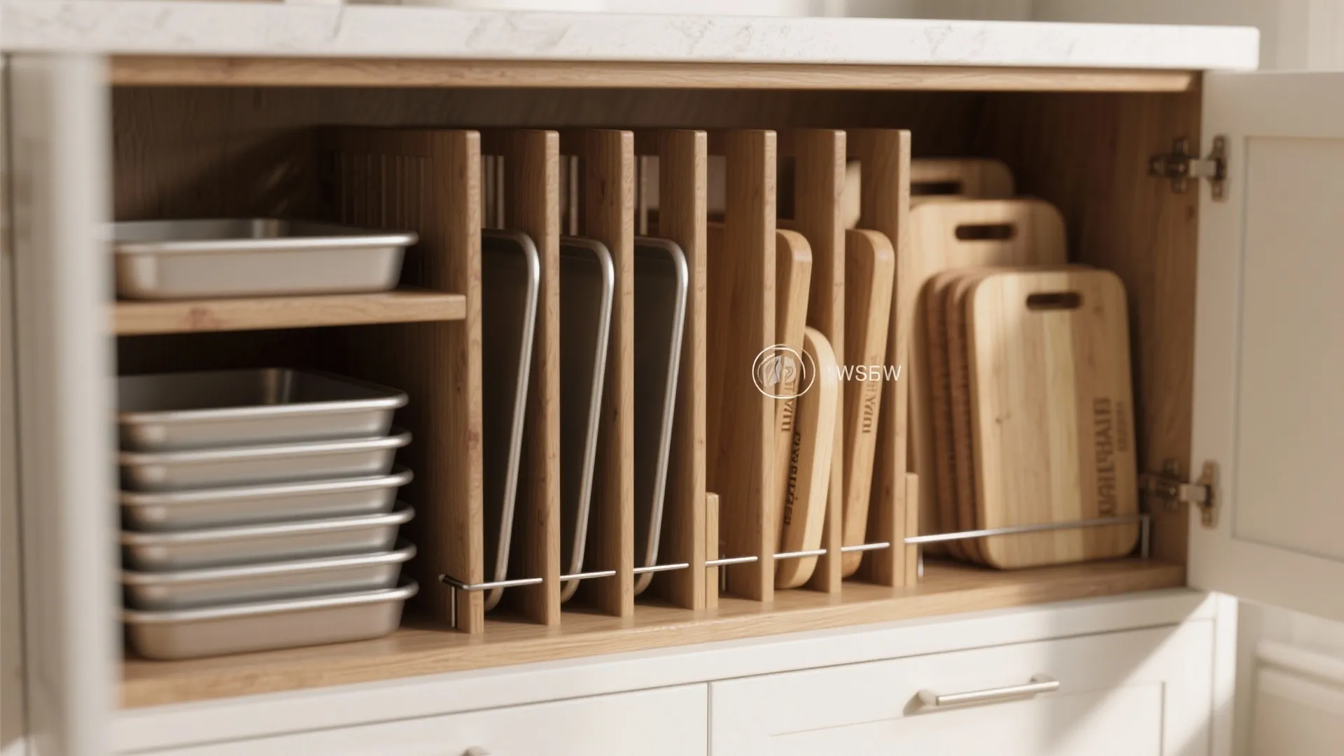 Wooden kitchen cabinet organizer with vertical dividers for baking trays and wood cutting boards inside