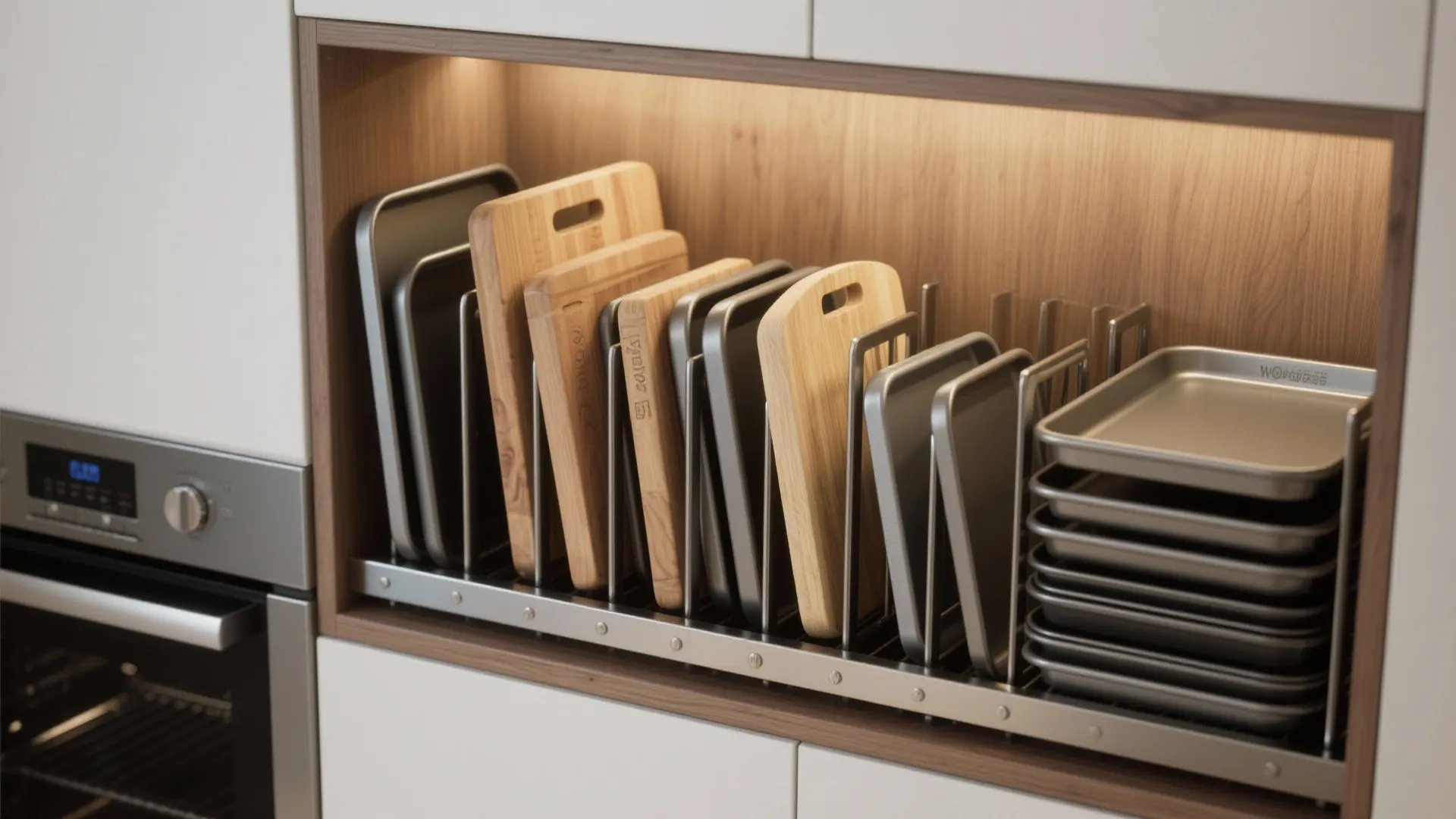 Cabinet interior with vertical dividers holding baking sheets and cutting boards upright.