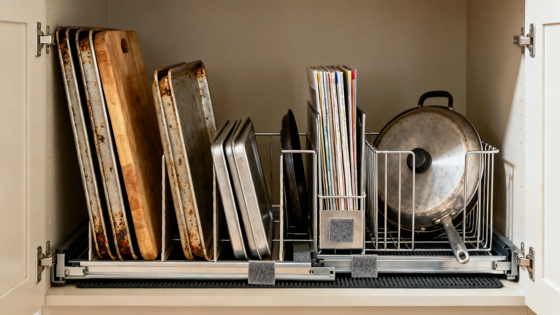 Base cabinet with repurposed baking sheets and metal files dividing trays, boards, and lids vertically.