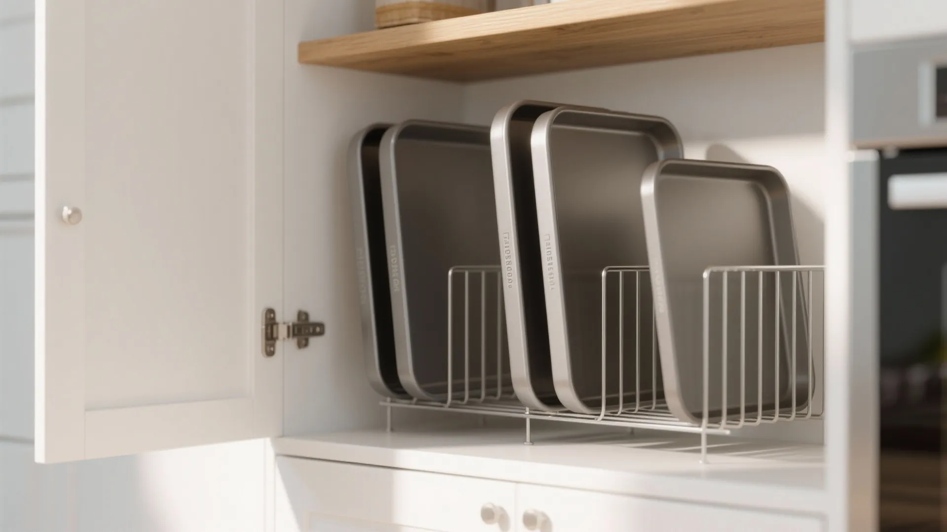 White kitchen cabinet with vertical metal rack dividers organizing several silver baking trays and sheets