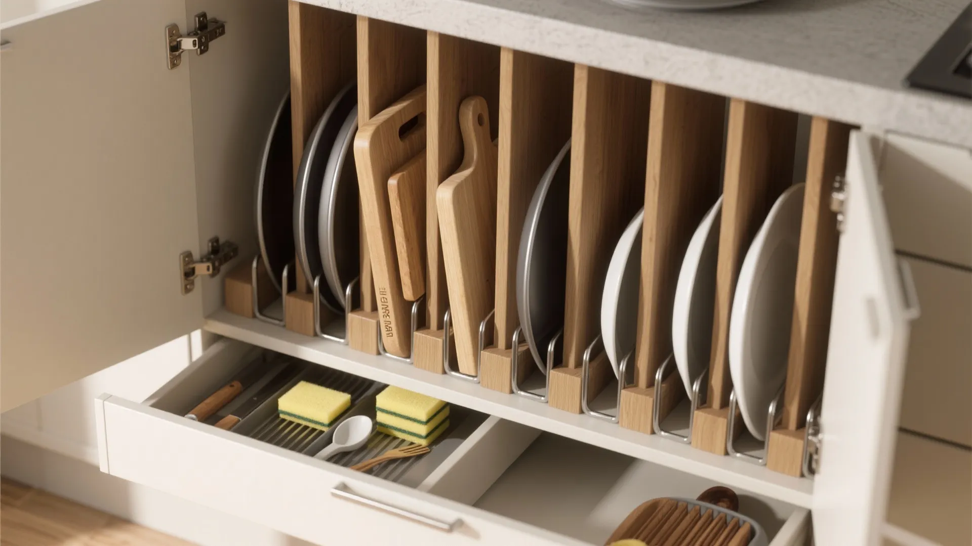Kitchen cabinet interior with vertical wooden dividers for plates and a pull out storage drawer