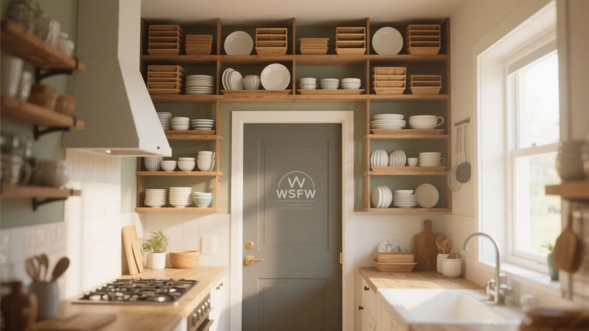 Kitchen storage area with wooden shelves over a door filled with white plates and bowls