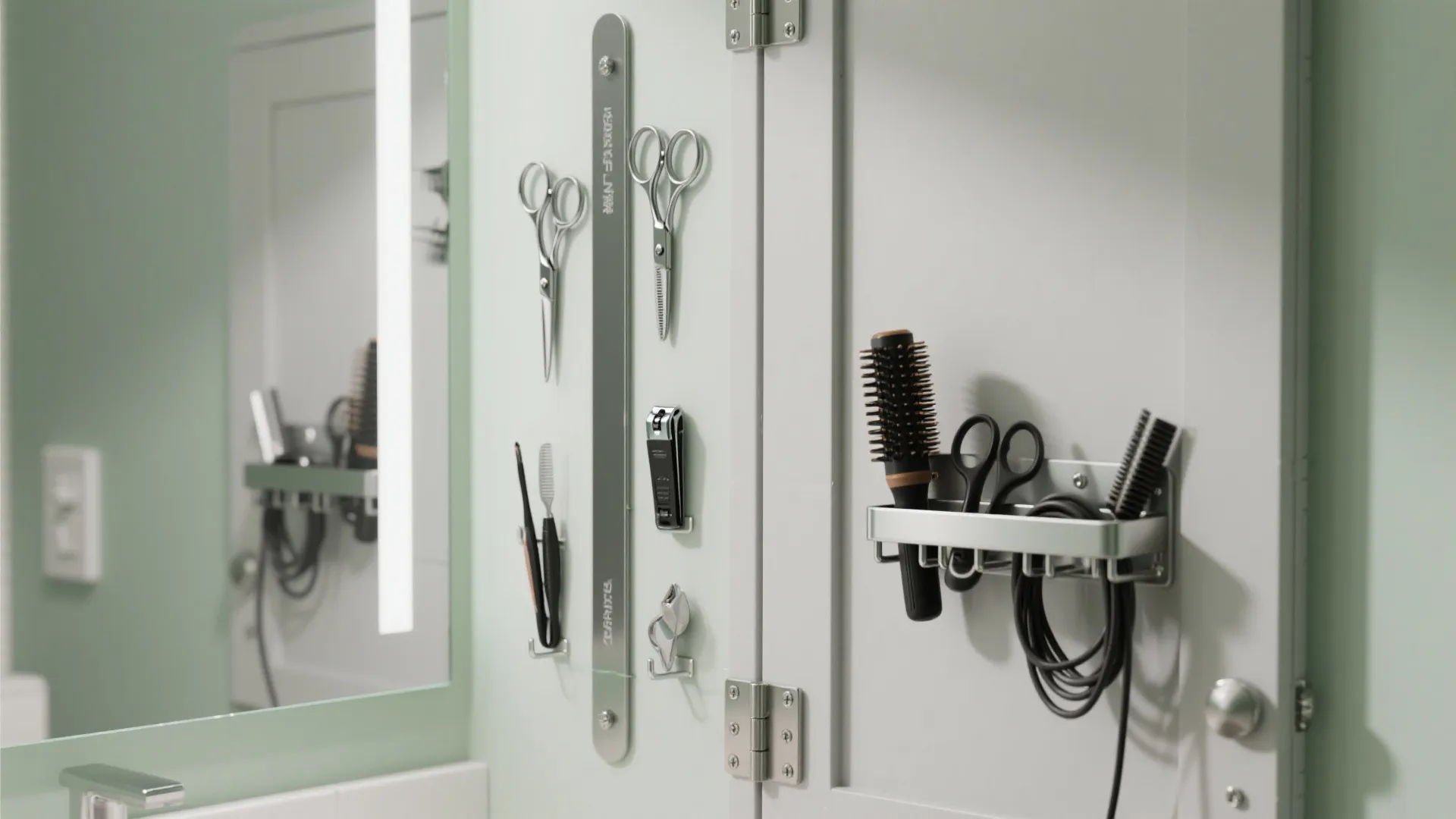 White bathroom cabinet door with metal magnetic strips holding scissors and brushes for vertical storage