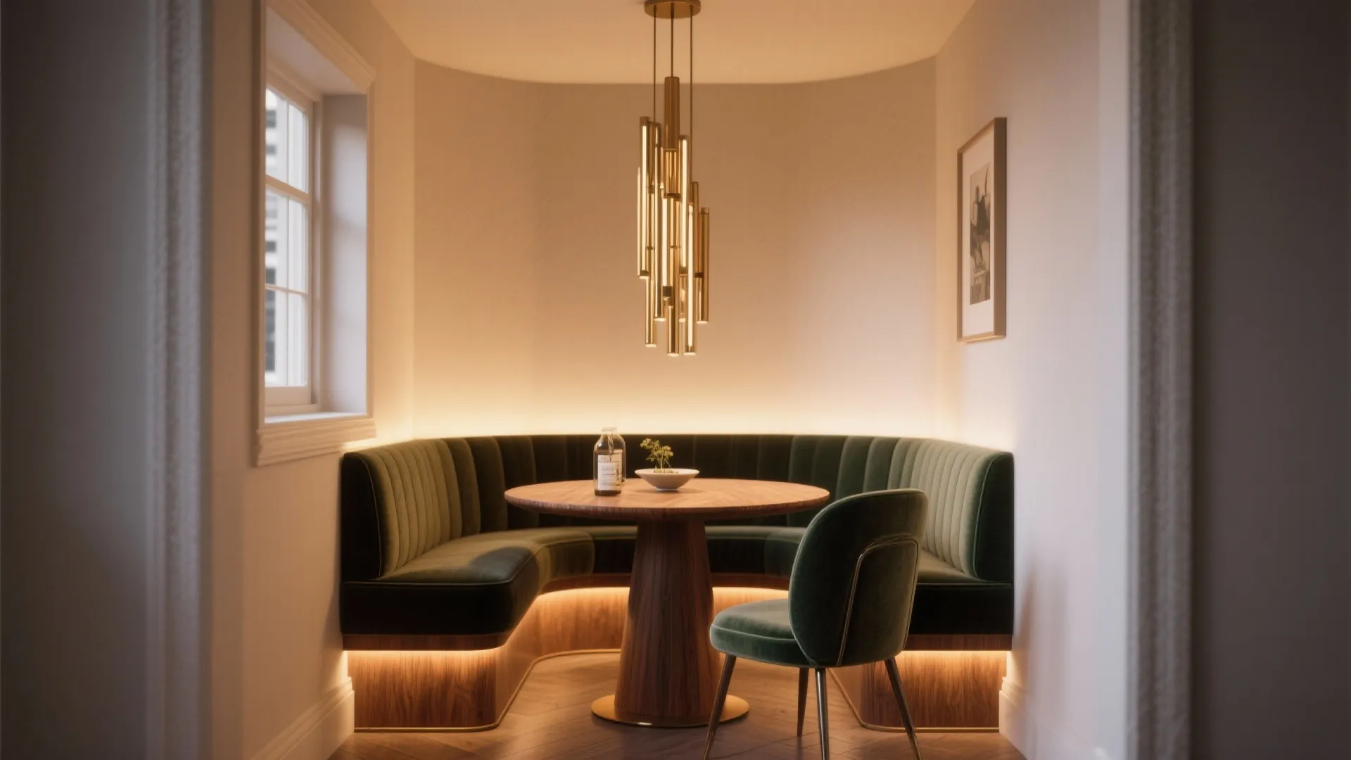 Compact dining nook with a bold vertical chandelier hung above a wooden table