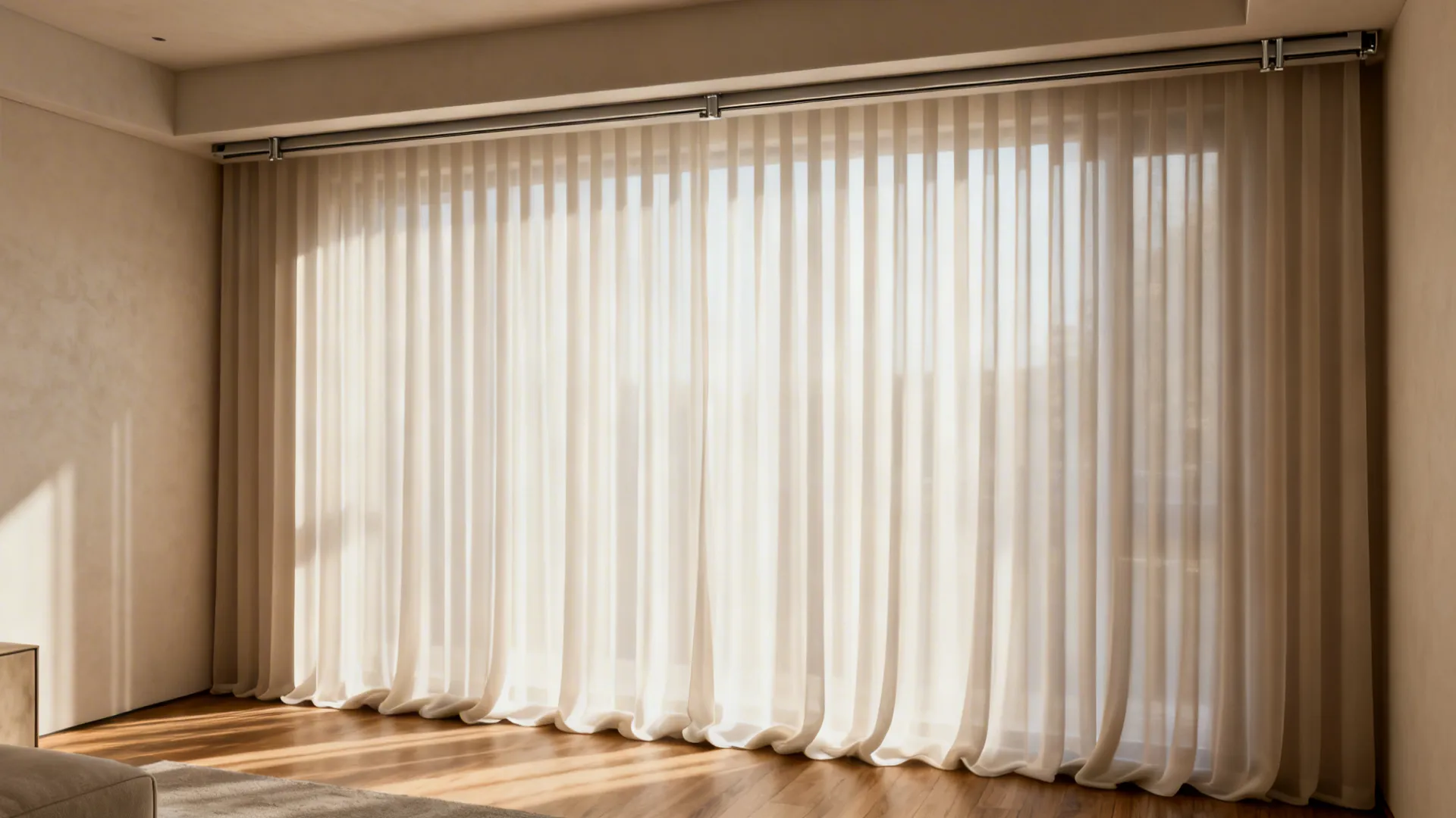 Floor-to-ceiling vertical semi-sheer drapes on a concealed track, visually raising the ceiling