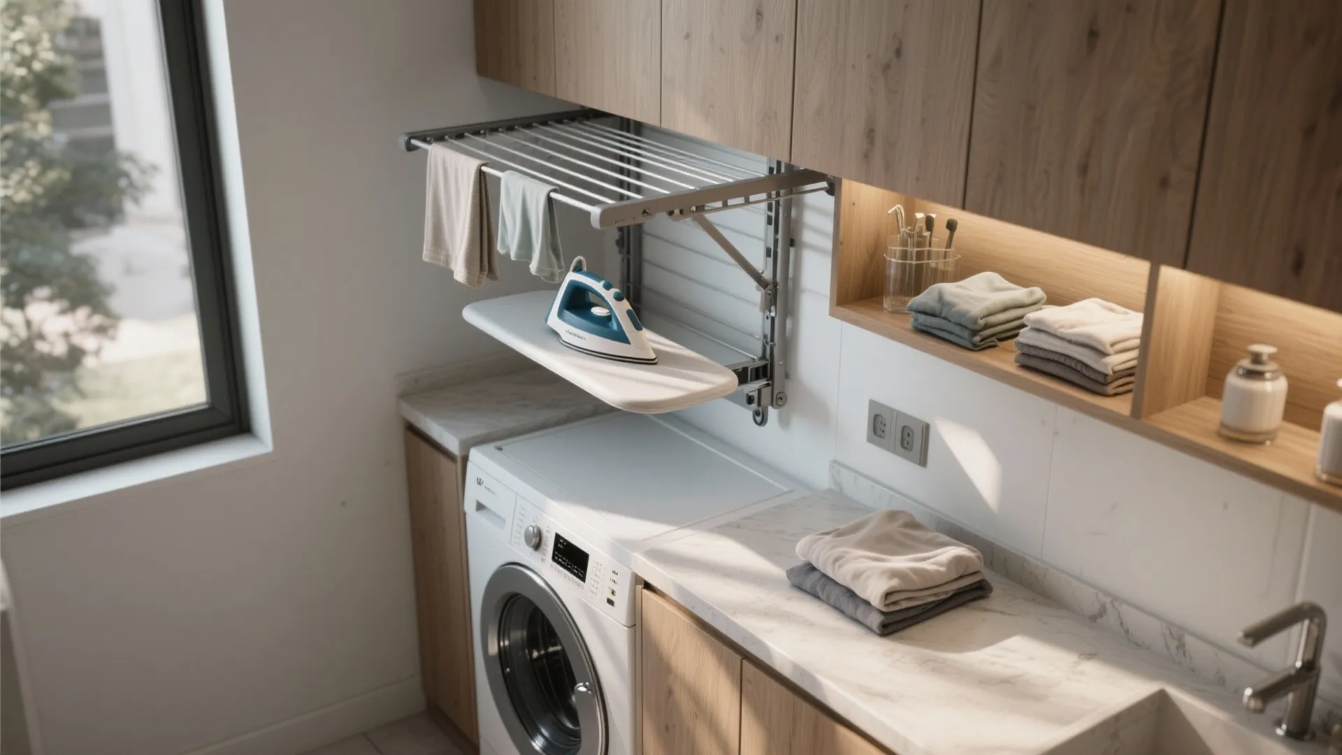 2. Vertical Drying and Fold-Down Ironing Surfaces