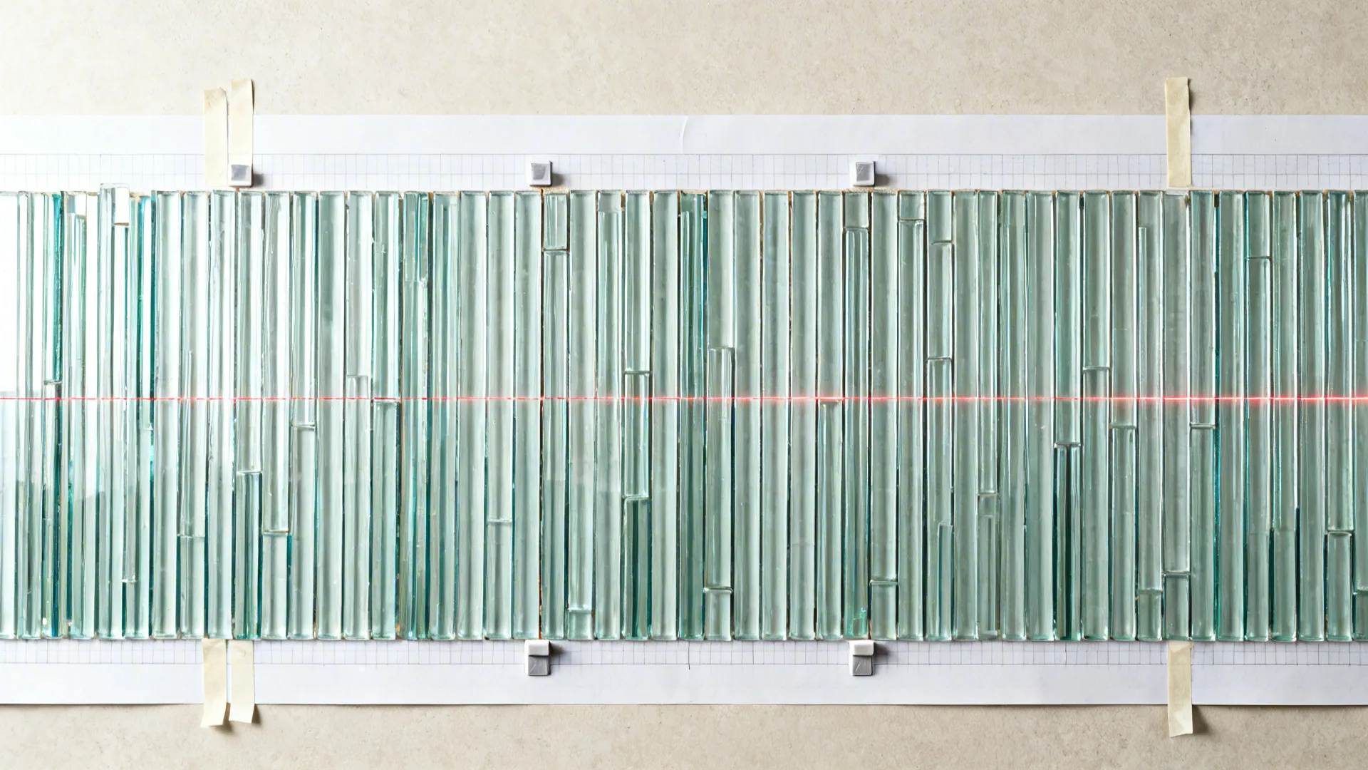 Top-down dry-fit plan aligning vertical skinny stick mosaic sheets along a backsplash.