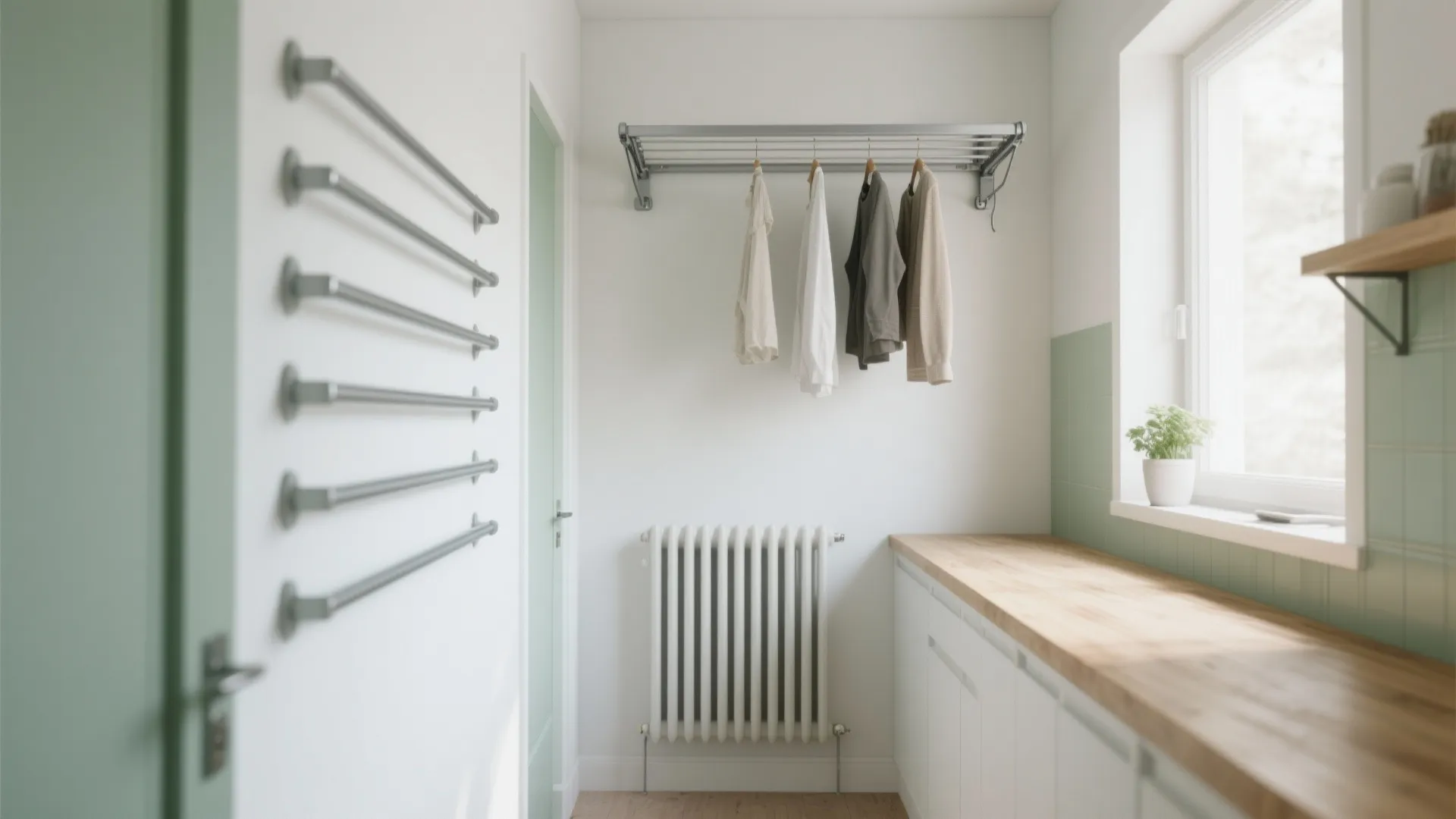 Narrow laundry wall with vertical drying rails and a slim radiator, retractable rack above a folding counter.