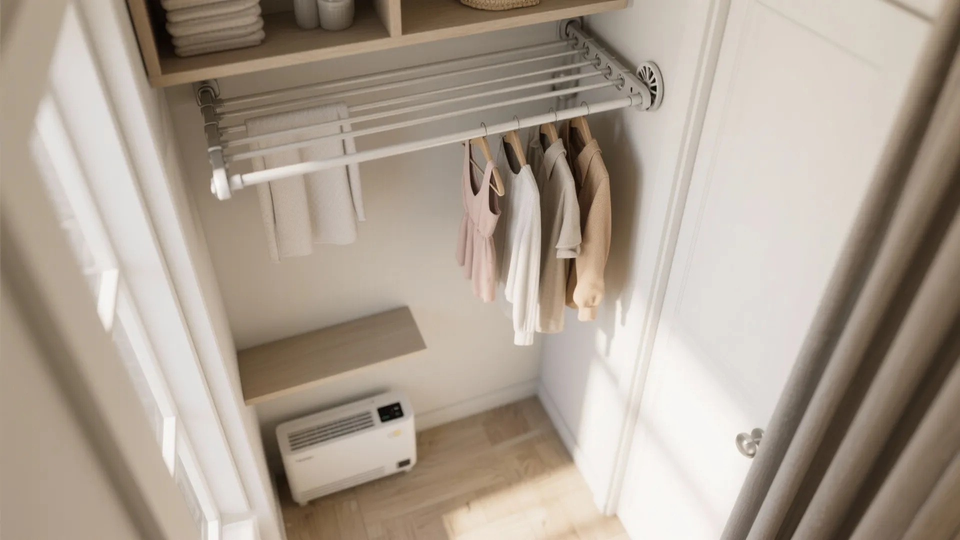 Metal clothes drying rack with hanging shirts in a laundry room with small floor heater