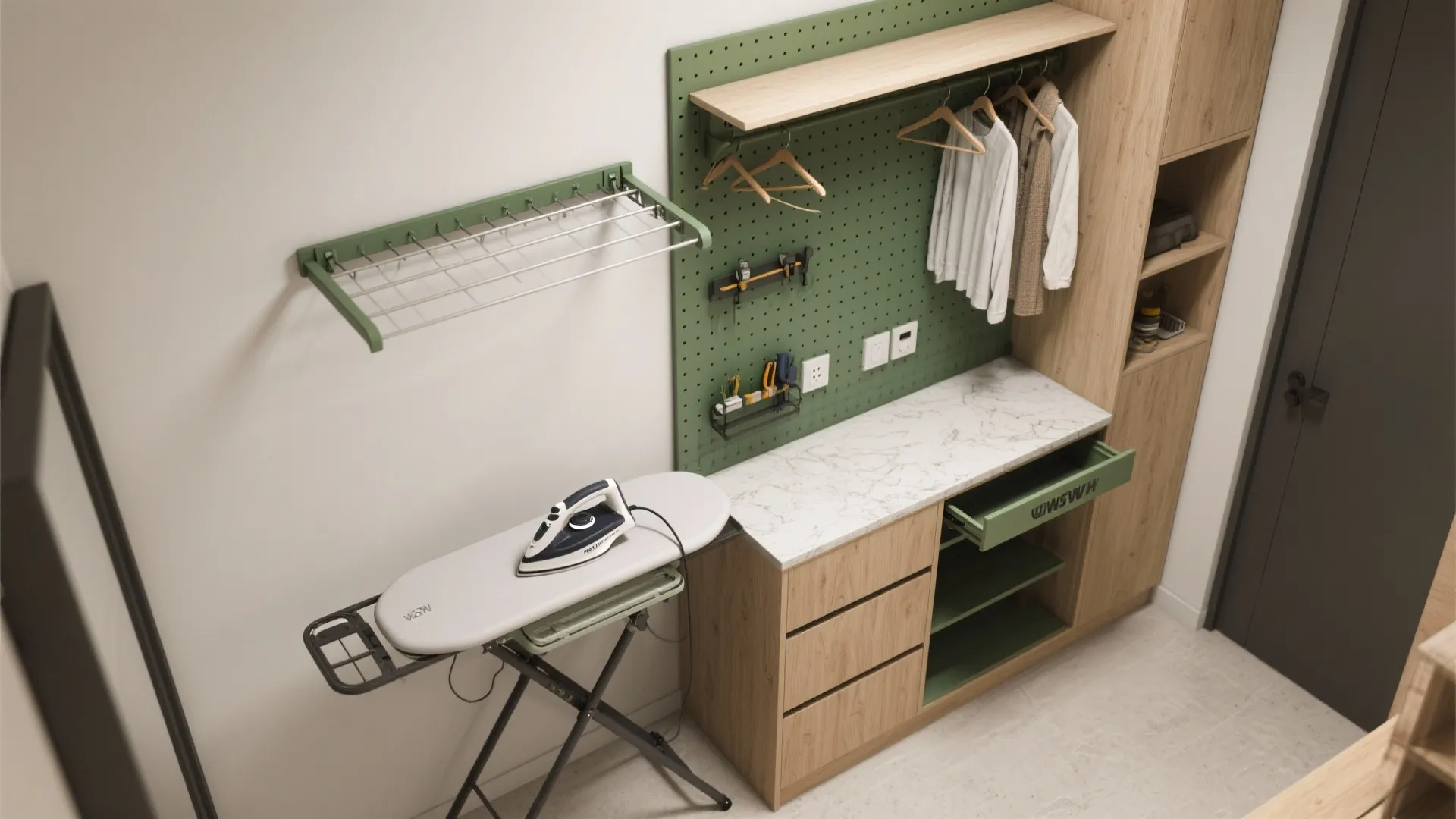 Modern laundry room with green pegboard, wooden cabinets, marble countertop, clothes drying rack, and ironing board