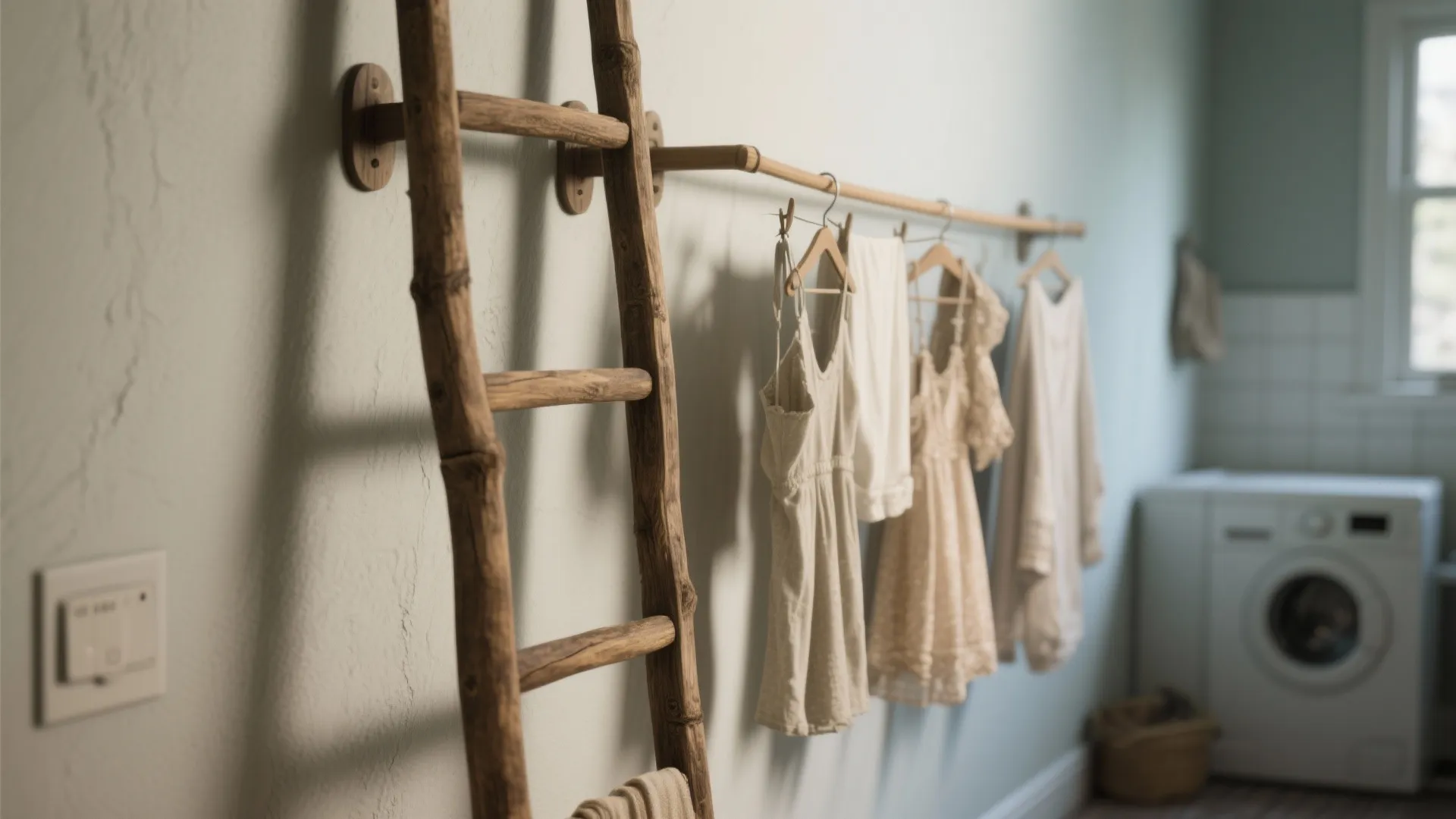 Wooden ladder leaning against wall next to clothes hanging on a simple indoor drying rail