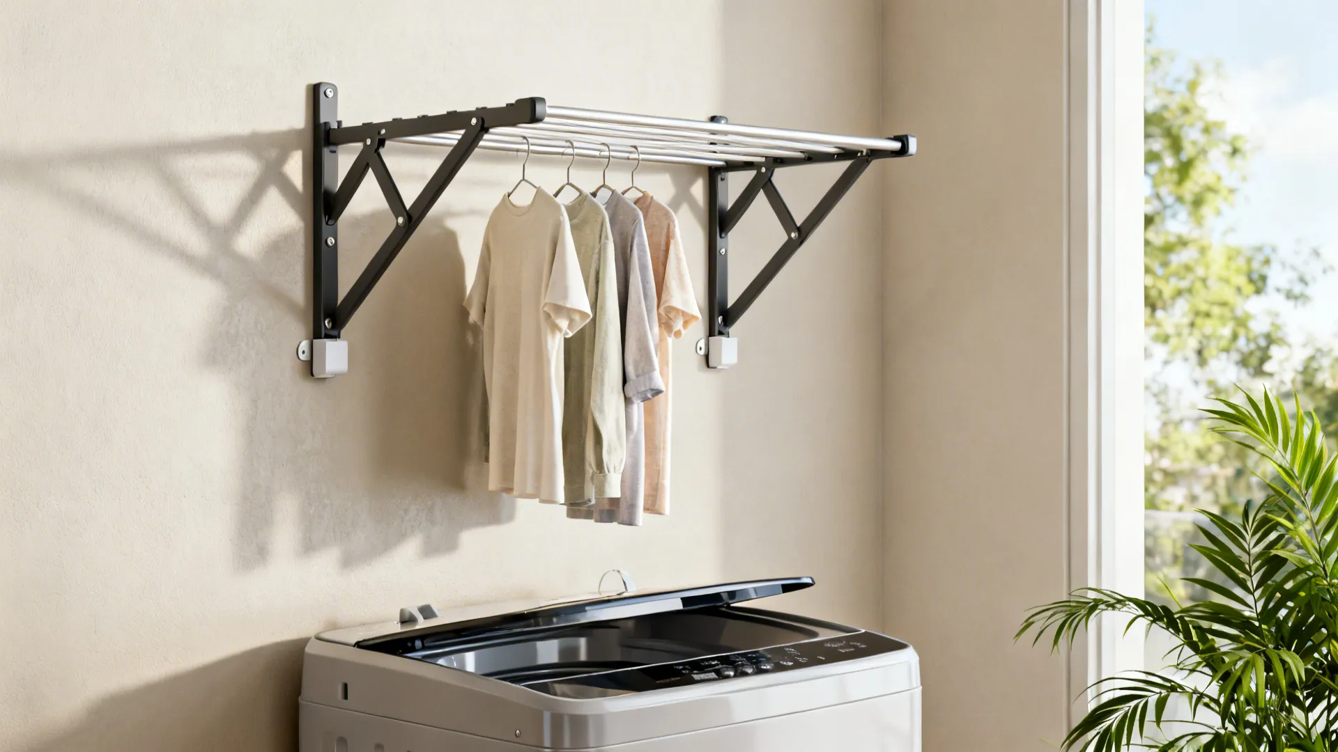 Wall-mounted folding drying rack installed above a top-load washer for delicates and quick dries.