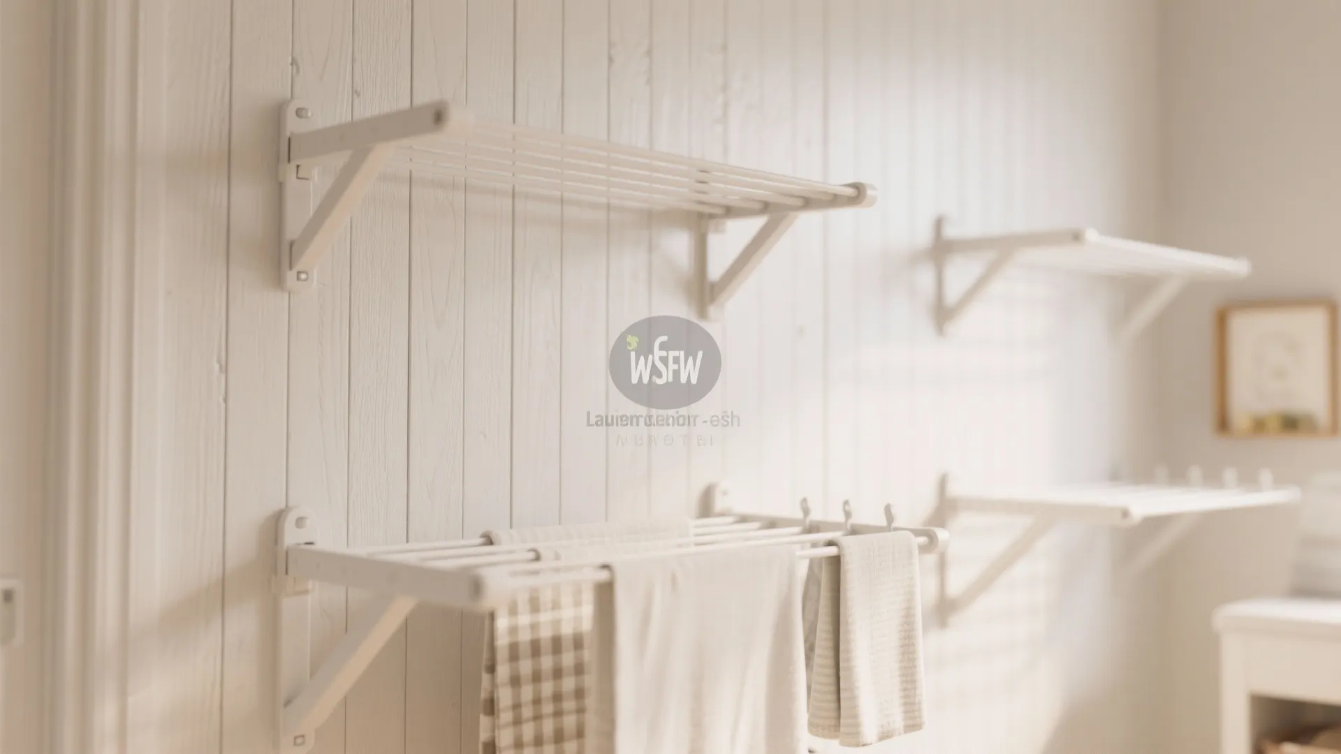 White wall mounted folding drying racks installed on a wood panel wall in a laundry