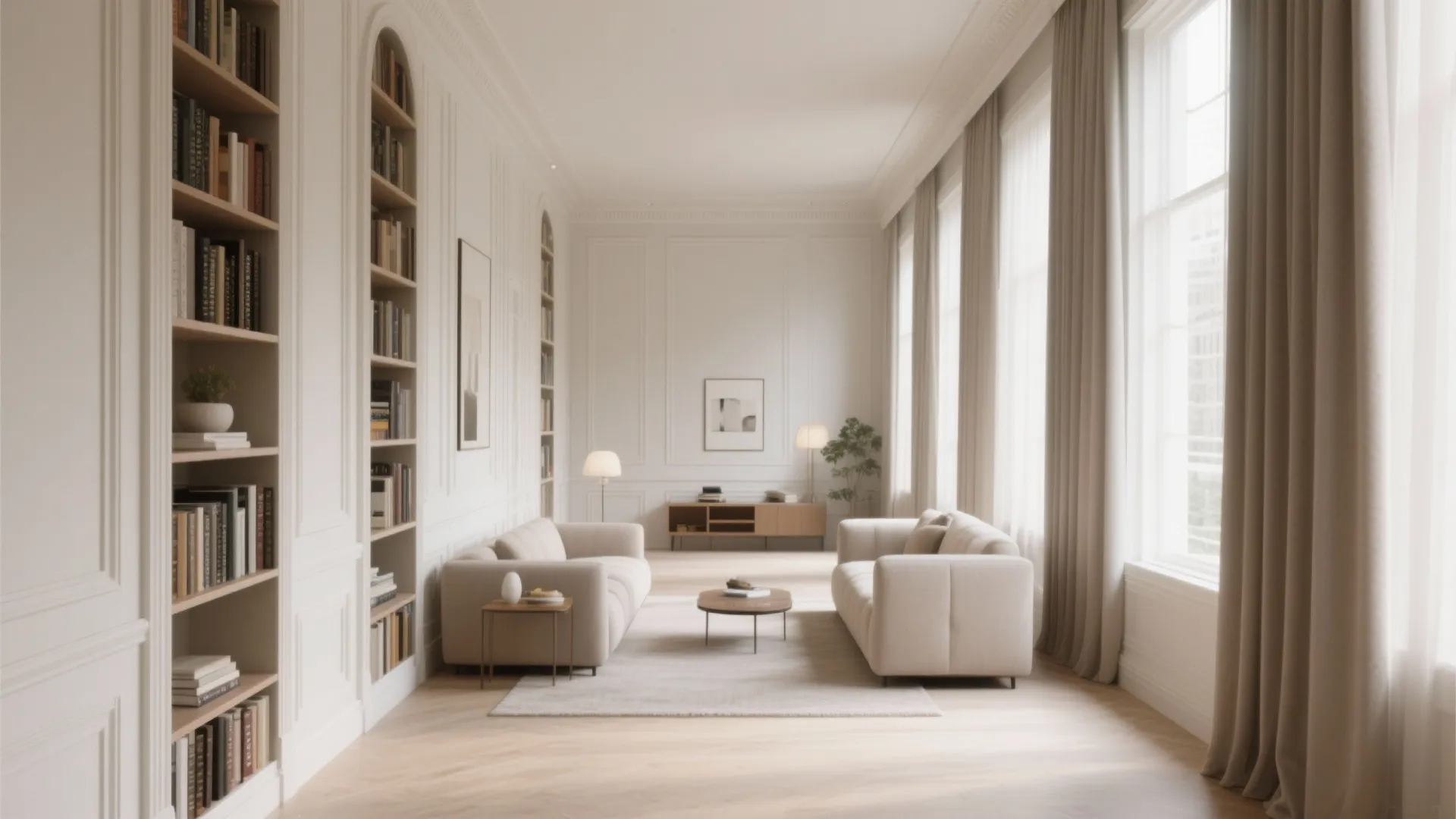 Bright living room layout with white wall panels tall bookcases beige sofas and large curtained windows