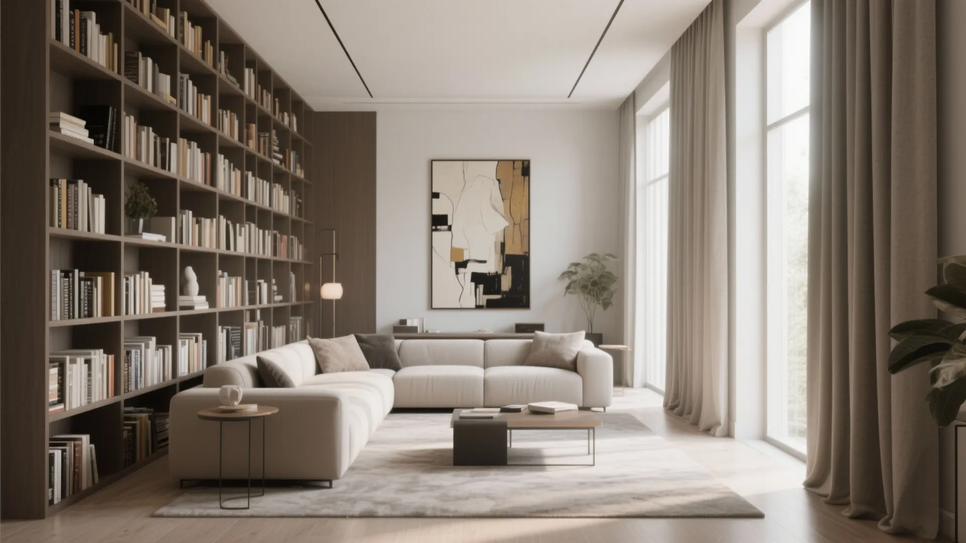 Modern living room featuring large wall bookshelf white corner sofa coffee table painting and curtains