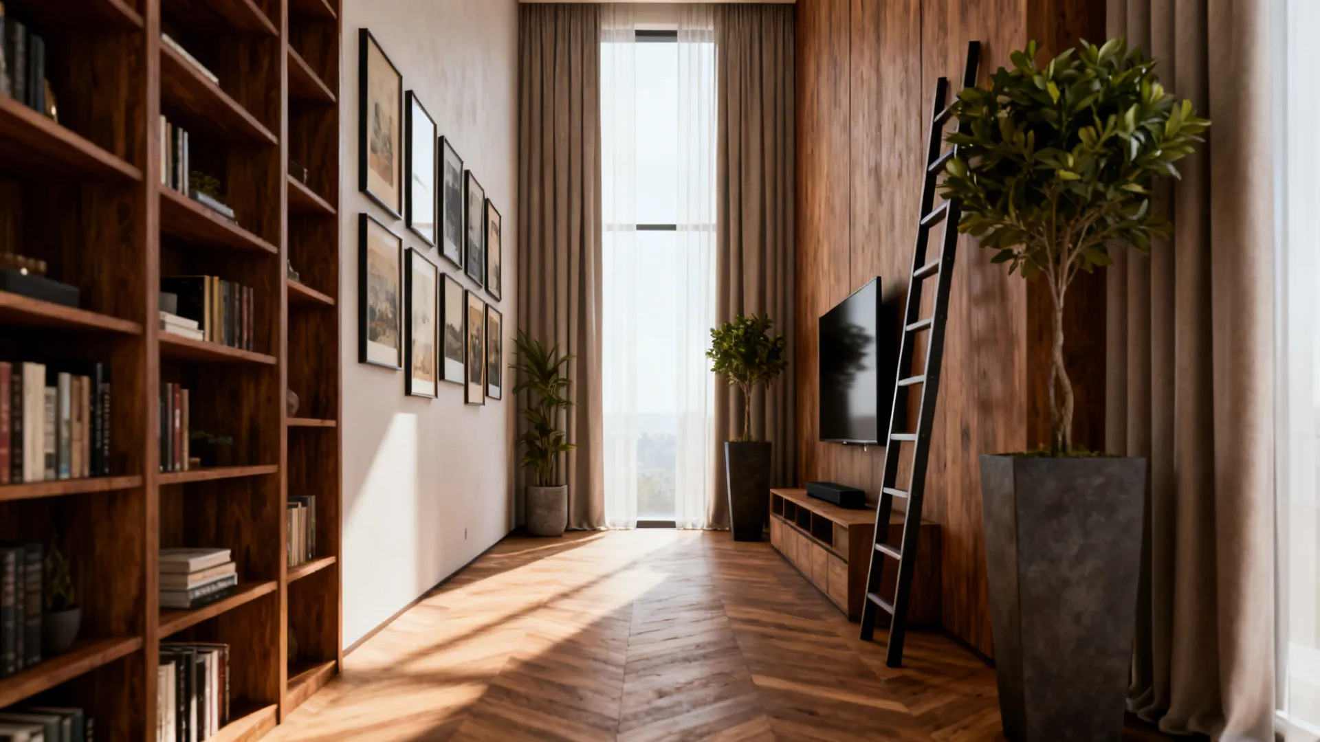 Tall bookshelves and floor-to-ceiling curtains balancing a narrow living room