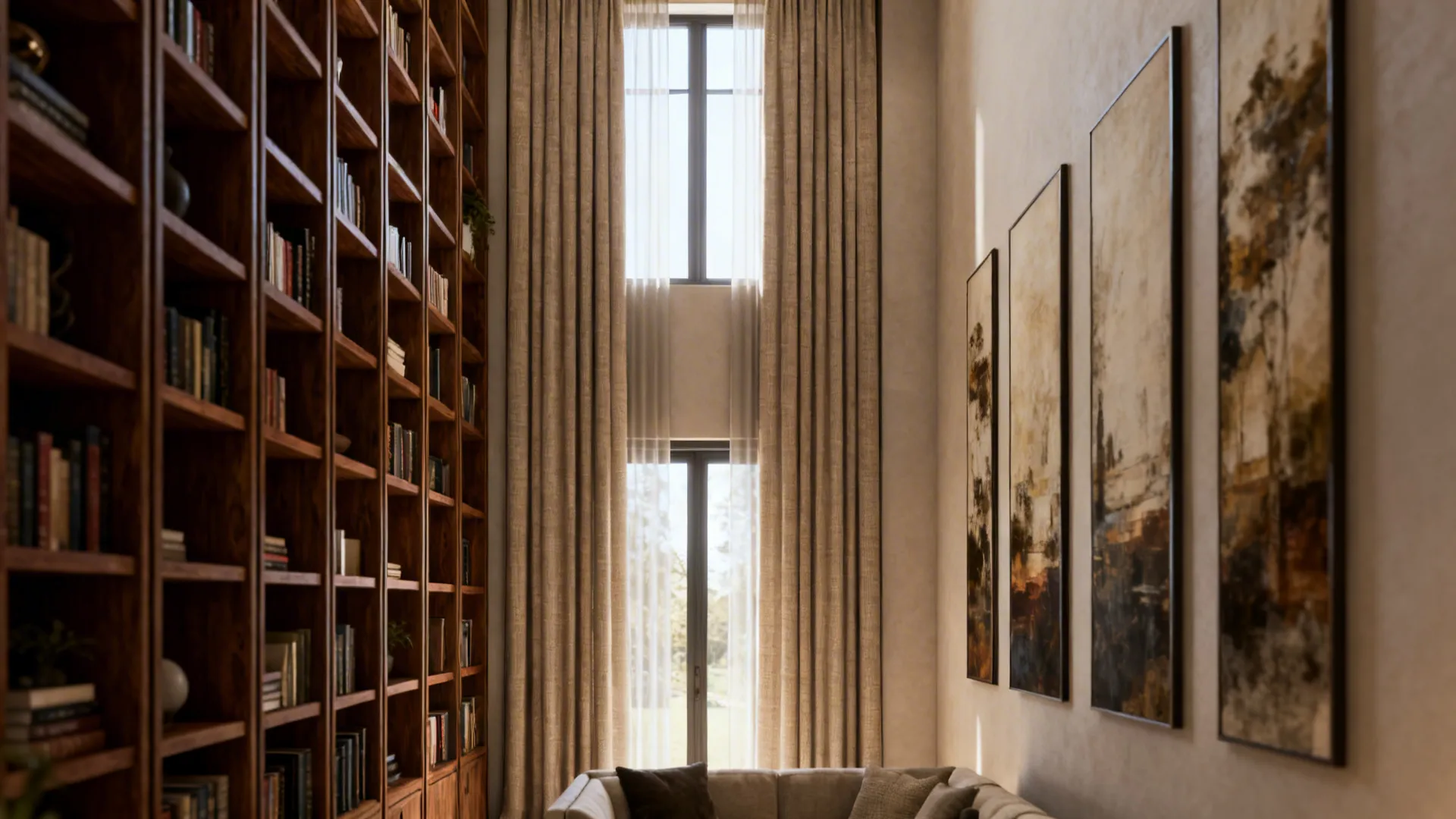 High ceiling interior with tall wooden bookshelf long beige curtains wall art and soft natural light