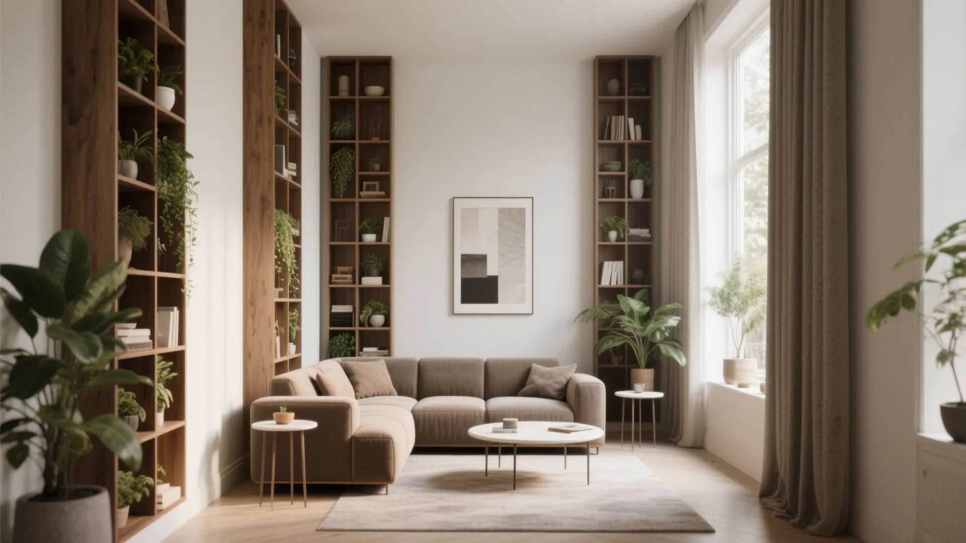 Living room with tall wooden bookshelves brown sofa white coffee table and many green plants