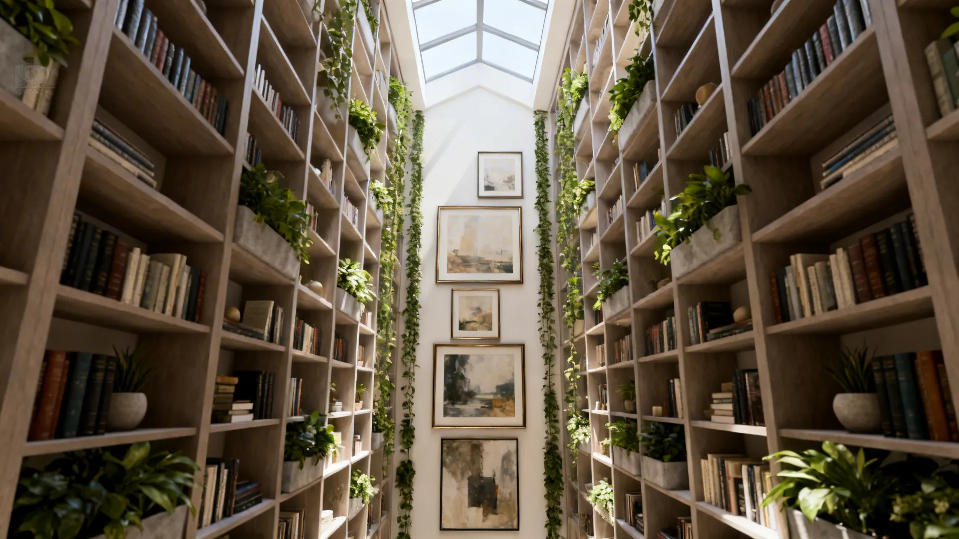 Symmetric high wooden bookshelves with books and green plants under a bright glass roof window