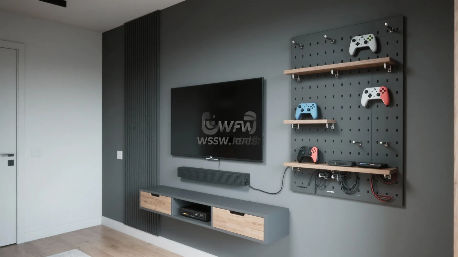 Vertical entertainment wall with wall-mounted TV, floating shelves and pegboard storage in a small rec room.